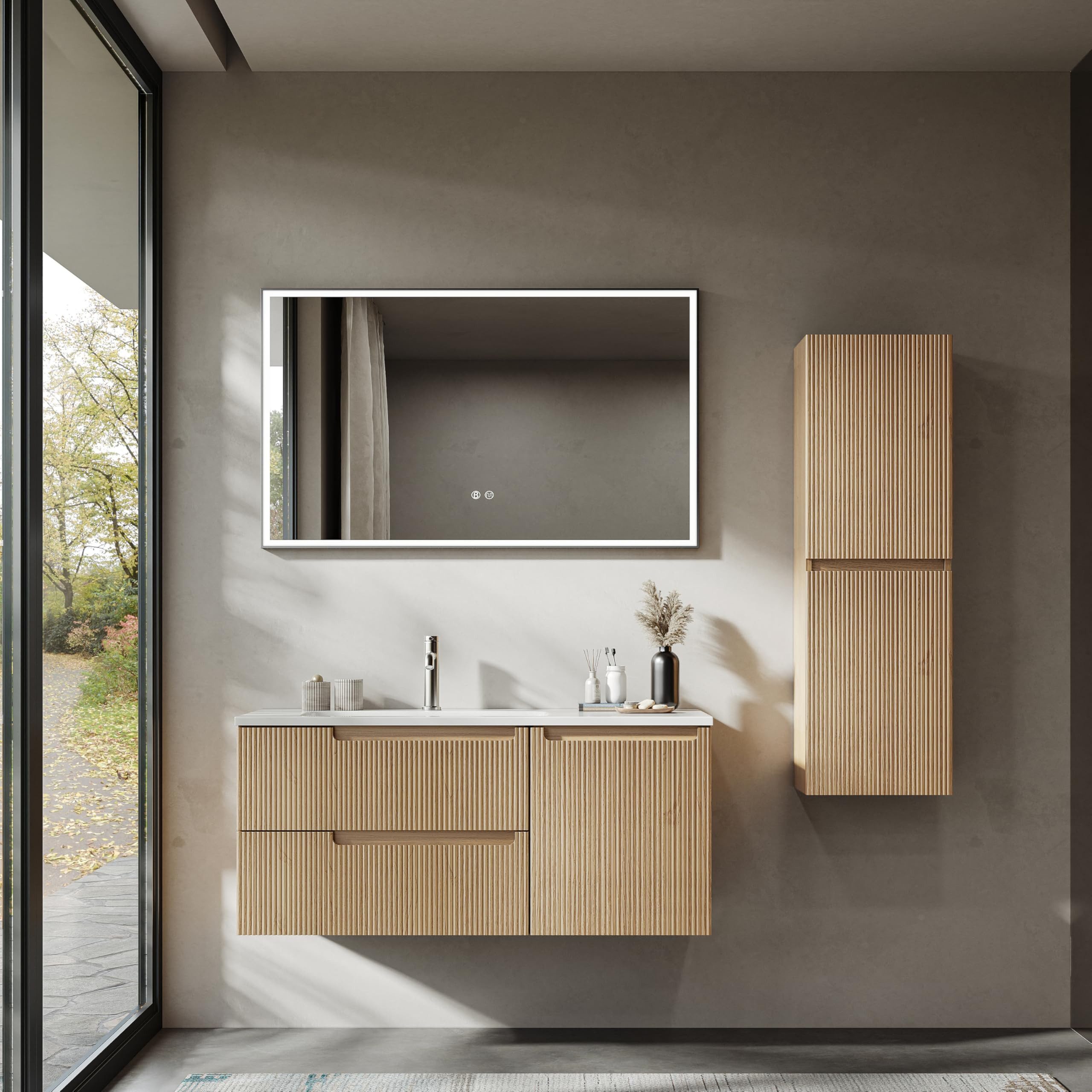 BRIDGE BENO Badmöbel-Set Badezimmer-Hochschrank mit verstellbaren Einlegeböden, Soft-Close & Geriffelter Front, Links/rechts montierbar