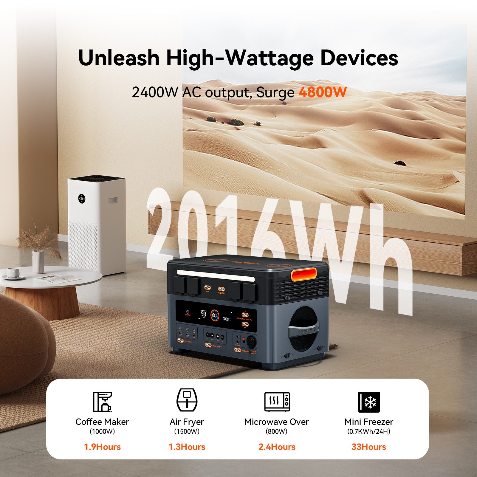 OSCAL Stromerzeuger Mikro-Wechselrichter PowerMax 2400Pro Powerstation 2016Wh, 2,4 in kW, Trennbar/mit Stereo/Strom ins Netz rückspeisen/16 Anschlüsse