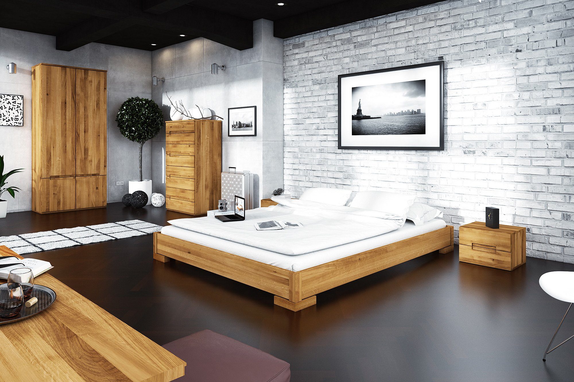 byoak Bett VENTO-E 140 x 220 aus Massivholz, ohne Kopfteil, Naturgeölt