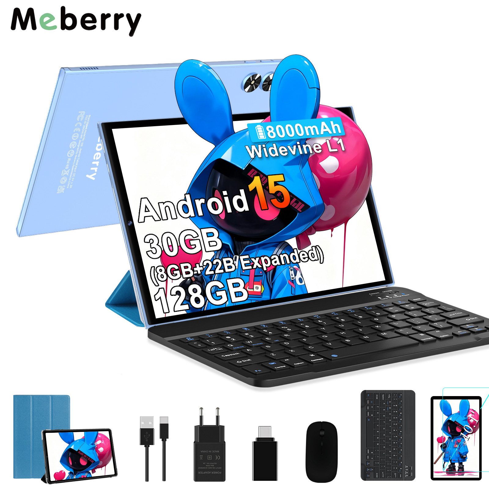 GOODTEL Meberry 2026 Tablet Android 15, WiFi, 30 GB RAM Tablet (10,1", 128 GB, Android 15, 8000 mAh, Widevine L1, mit Zubehör Tastatur, Maus)