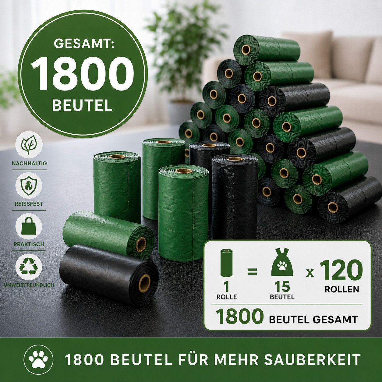 belviona Hundekotbeutel Megapack 1800 Stück (120 Rollen), reißfest & auslaufsicher, Zubehör für Kotbeutelspender, duftfreie Gassibeutel, geruchsbindend