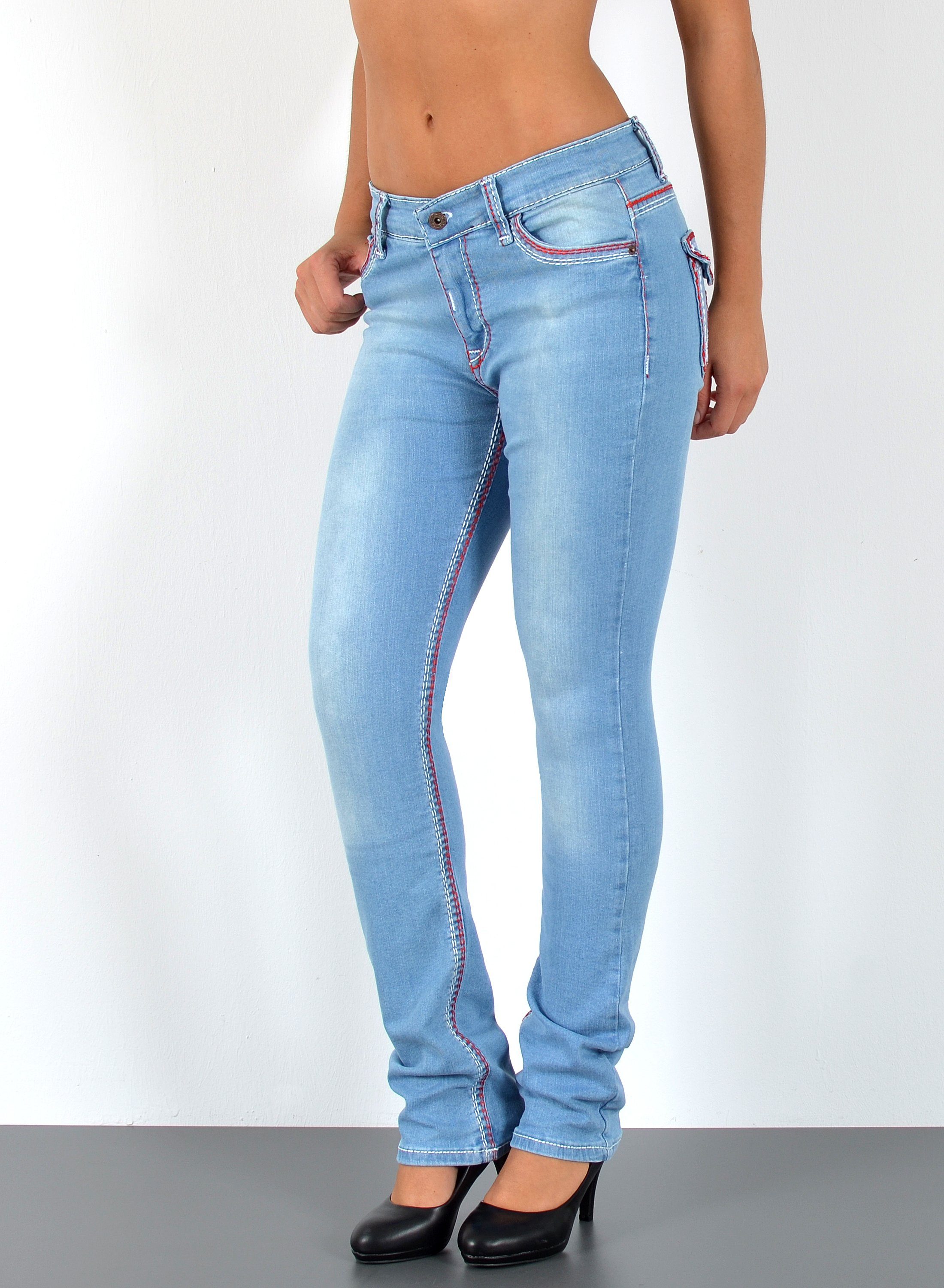 ESRA Straight-Jeans J755 High Waist Straight Fit Jeans Damen mit dicker Naht, bis Übergröße / Plus Size Größe, Damen Straight Leg Jeans mit Kontrastnähten Hoch Bund, Damen Gerade Schnitt Jeans mit weißer / roter Naht Große Größen, Regular Fit Jeans Hose, Damen Jeans, Jeans Damen, Damen Jeanshose mit dicken Nähten, Jeans Damen Hose Große Größe, Jeans Damen High Waist Damen Jeans, Straight Fit Jeans Damen