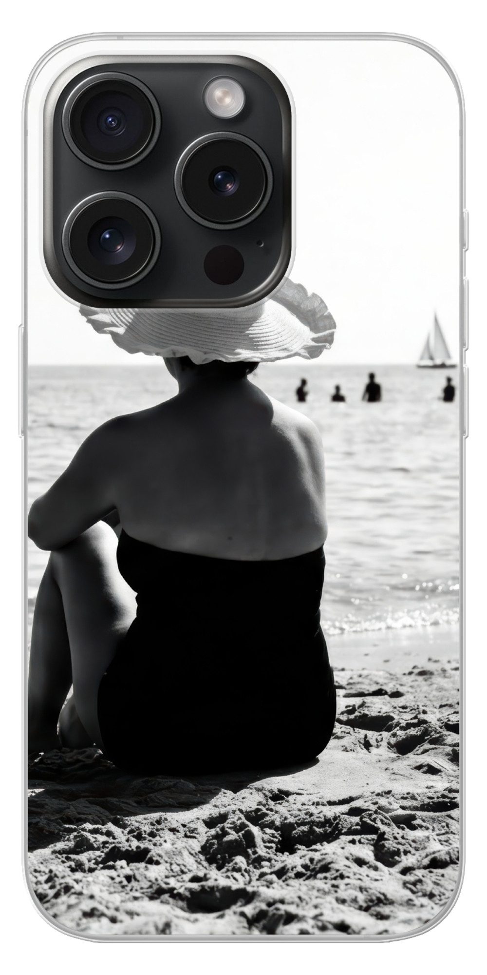 MuchoWow Handyhülle für Apple iPhone 15 Pro Frauen - Sonnenhut - Strand - Schwarz - Weiß, Smartphone-Bumper, Print, Handy Schutzhülle Dünn