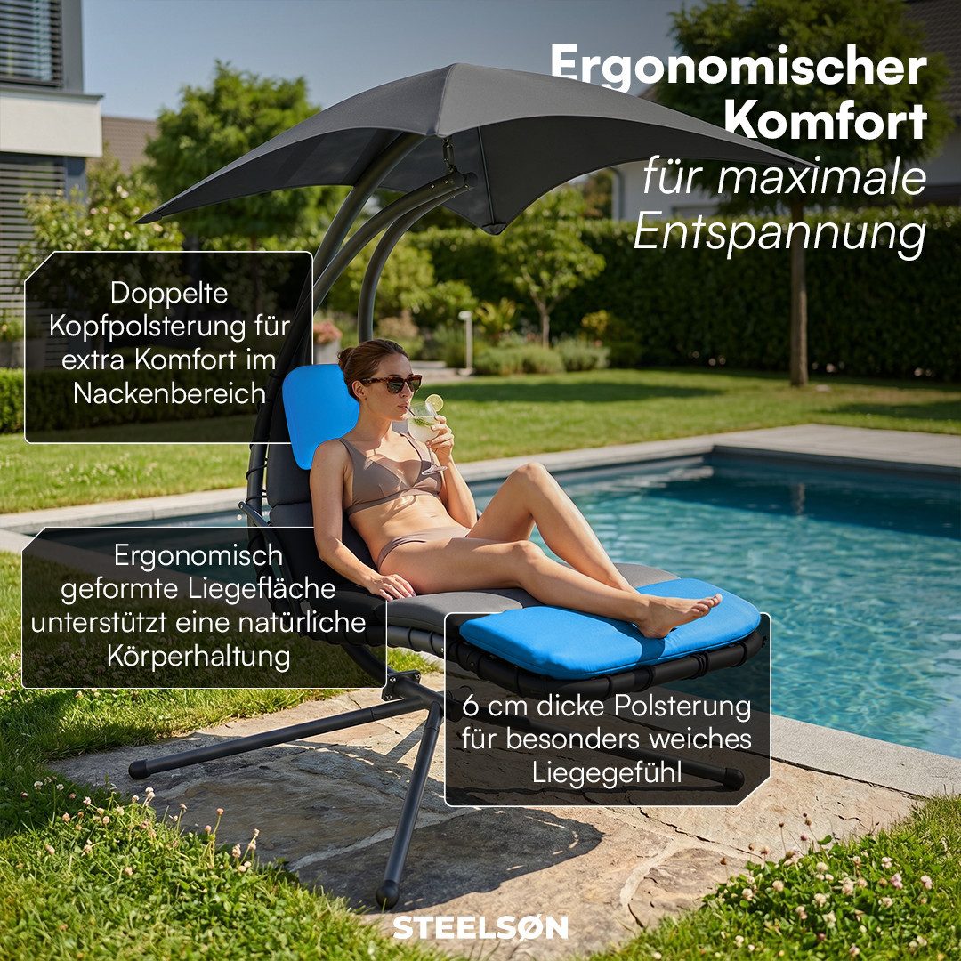 STEELSØN Hängesessel Nyria Schwebeliege mit Sonnendach (anthrazit, mit Kissen), schwerelose Schaukelliege bis 120 kg, Sonnenliege wetterfest