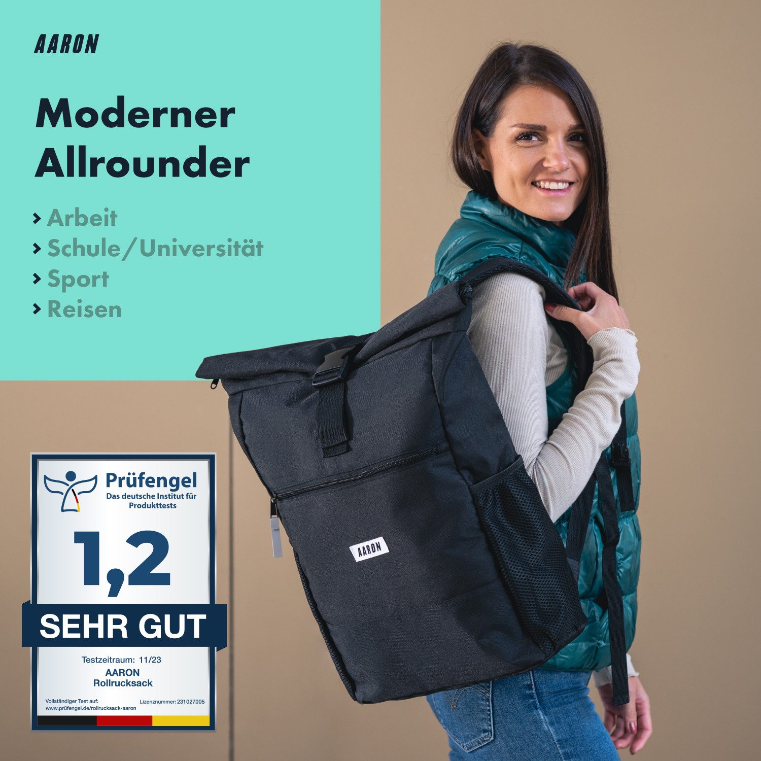 AARON Rucksack Rolltop Rucksack für Damen und Herren - 18–26 L, Schwarz