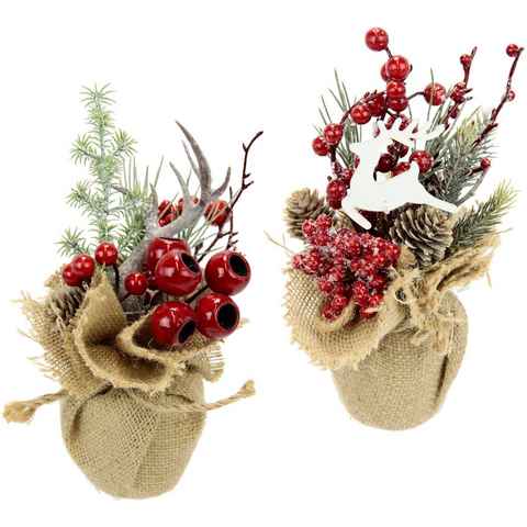 Winterliche Kunstpflanze Weihnachtsgesteck in Jute, Weihnachtsdeko im 2er Set, Tanne, I.GE.A., Höhe 20 cm, Kunstblumen-Arrangement 1x mit Horn und 1x mit Hirsch