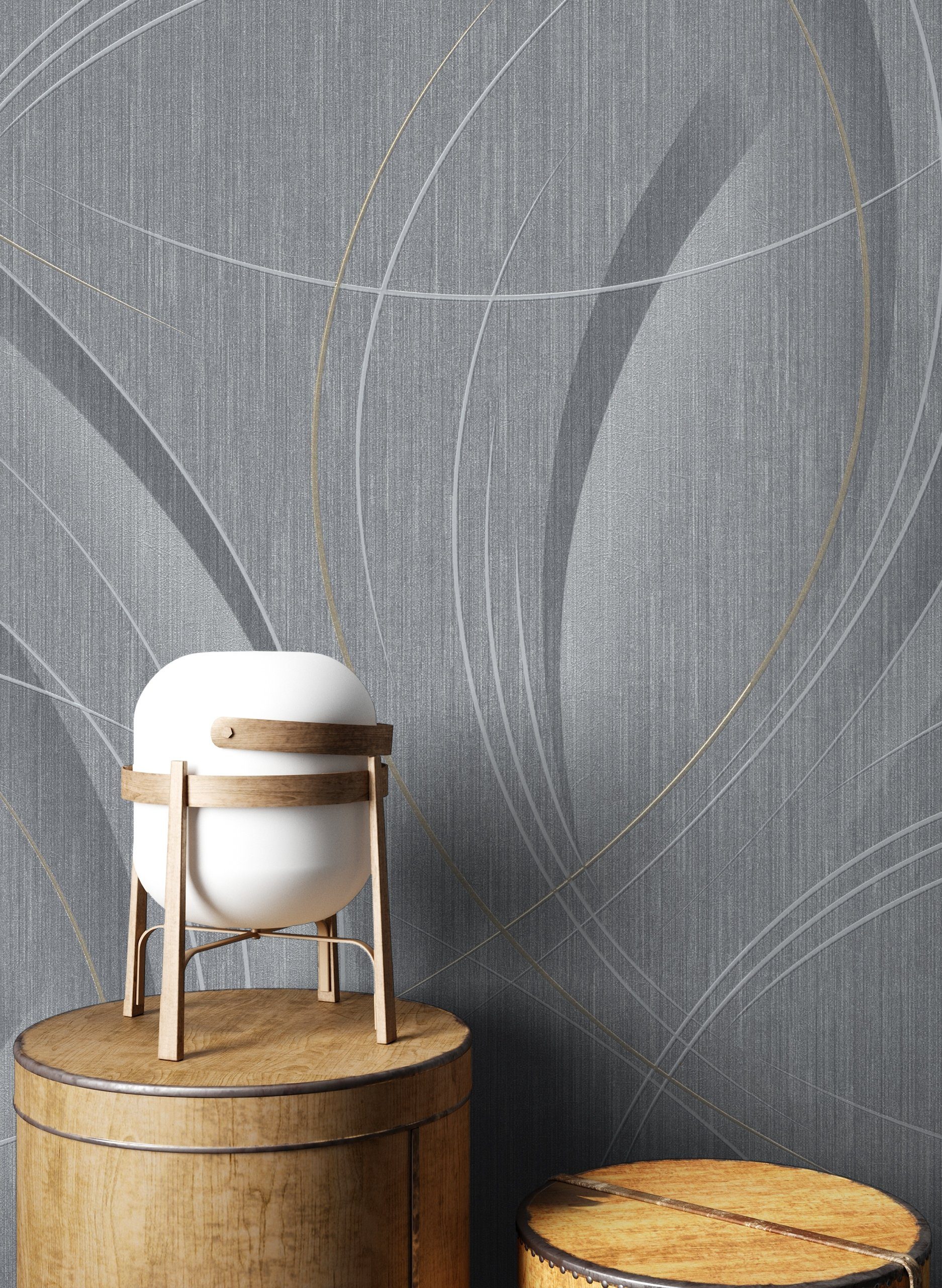 Newroom Vliestapete, Grau Tapete Glamour Leicht Glänzend - Mustertapete Schimmer Silber Gold Metallic Modern Muster Linien für Wohnzimmer Schlafzimmer Küche