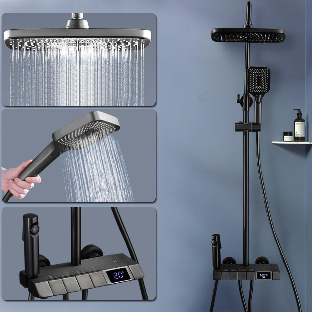 XERSEK Duschsystem 86-120cm Verstellbare Duscharmatur Duschstange Komplettset Duschset, 3 Strahlart(en), mit Temperatur-LED-Display & Armatur, 30x19cm, Drehbar Regendusche Kopfbrause, Badewannenauslauf, Brausegarnitur mit LED-Anzeige, Wannenhahn und Mini-Handbrause
