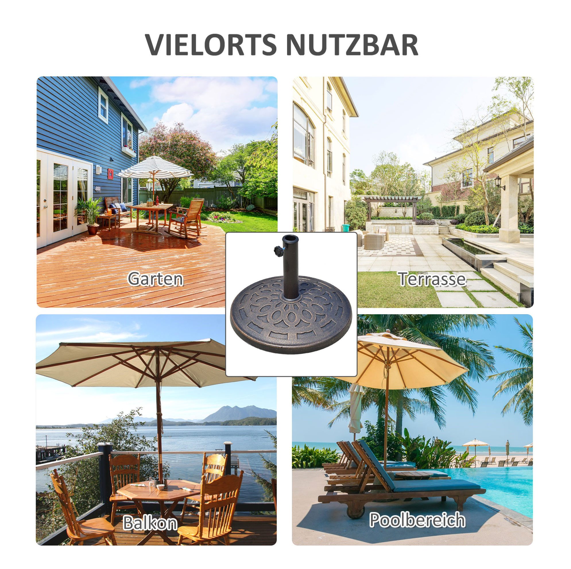 OKWISH Schirmständer Sonnenschirmständer rund 14 kg Harz Bronze Ø48,5 x H34 cm Schirmfuß (1 St., Schirmhalter aus Kunstharz wetterbeständig für Terrasse Balkon), Sonnenschirmfuß für Ø38/48 mm Schirme stabiler Stand Garten
