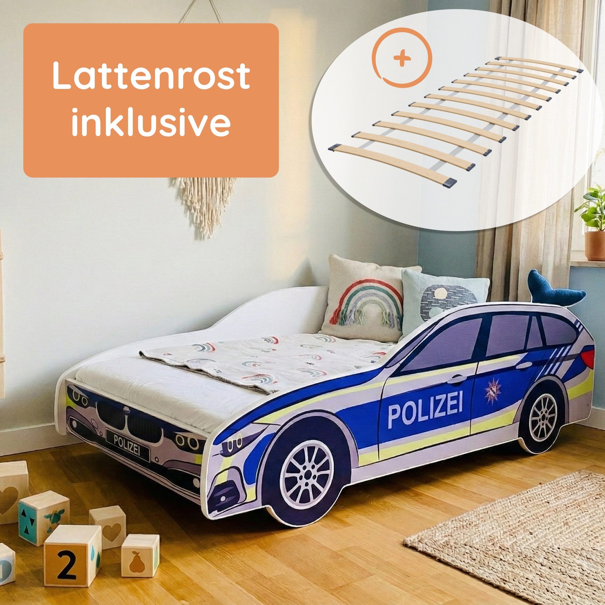 Kids Collective Autobett Kinderbett Jugendbett Polizei 70x140, 80x160 cm mit Rausfallschutz, Polizeiauto Polizisten Kinderspielbett 70x140 cm
