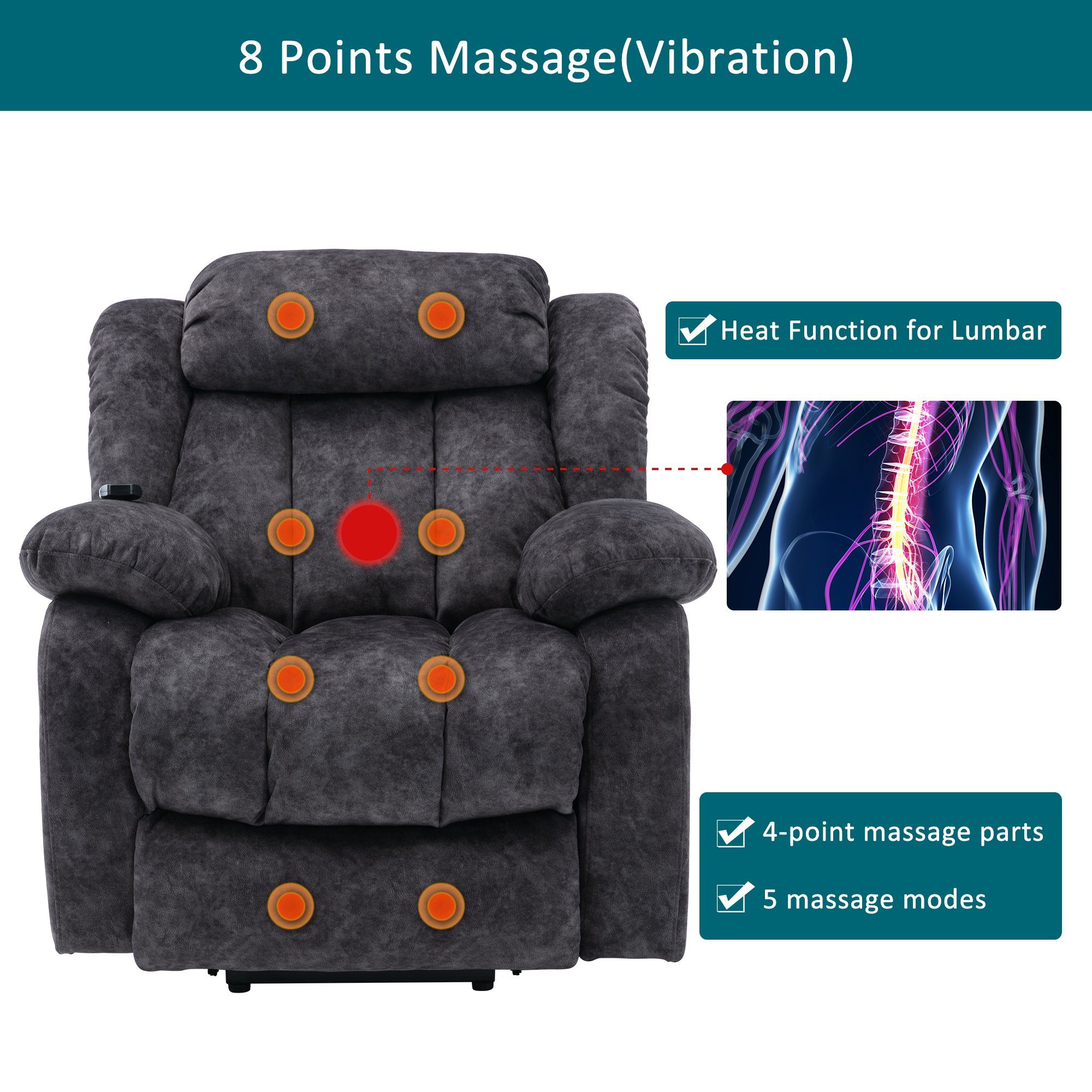 Merax TV-Sessel Elektrisch mit mit Liegefunktion, Wärme Fernsehsessel und Massagesessel Relaxsessel relaxfunktion, und Vibraiton, Aufstehhilfe Grau