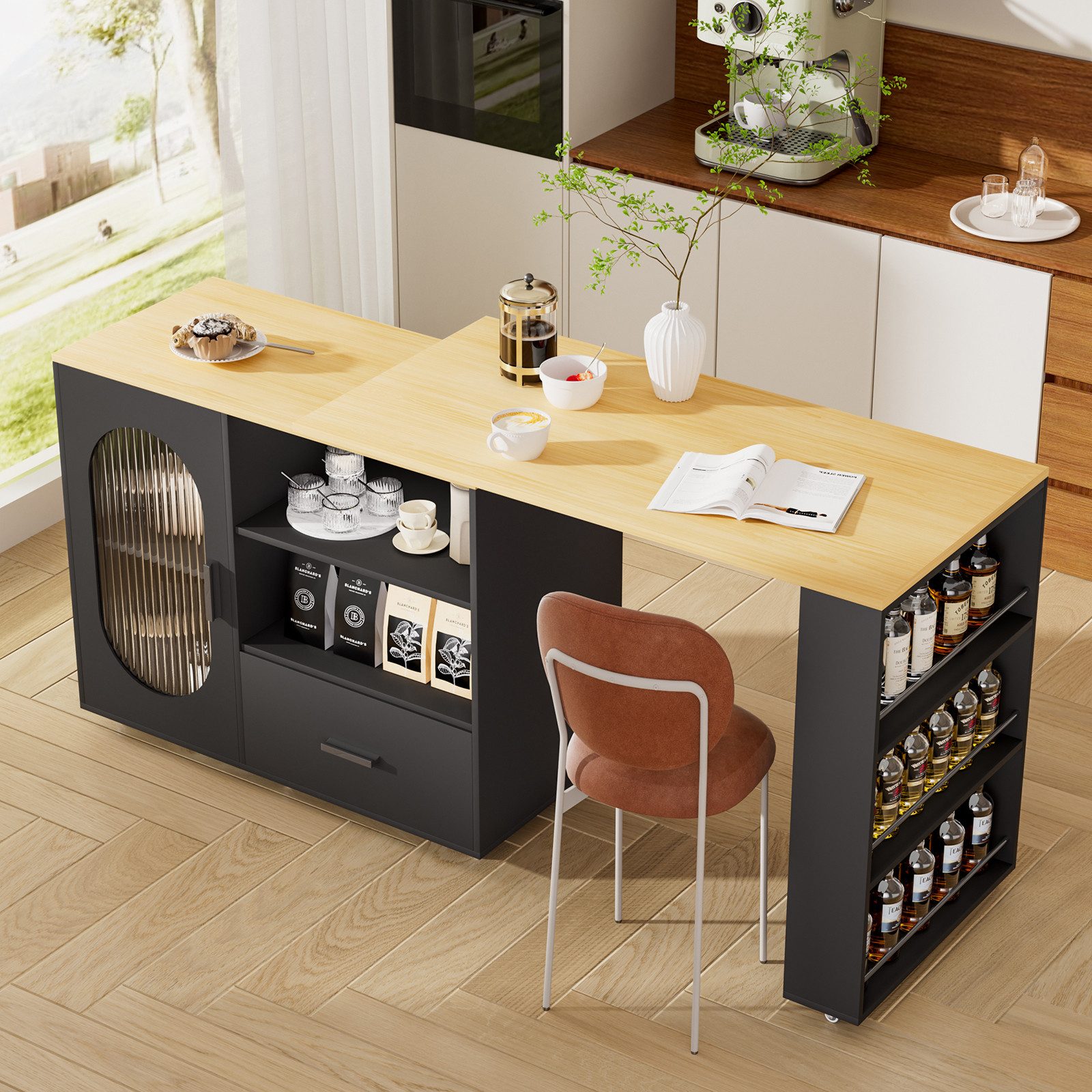 TWSOUL Bartisch Bartisch mit Stauraum & 360° Drehfunktion, Rollbare Kücheninsel mit LED, Schublade & ausziehbarem Tisch