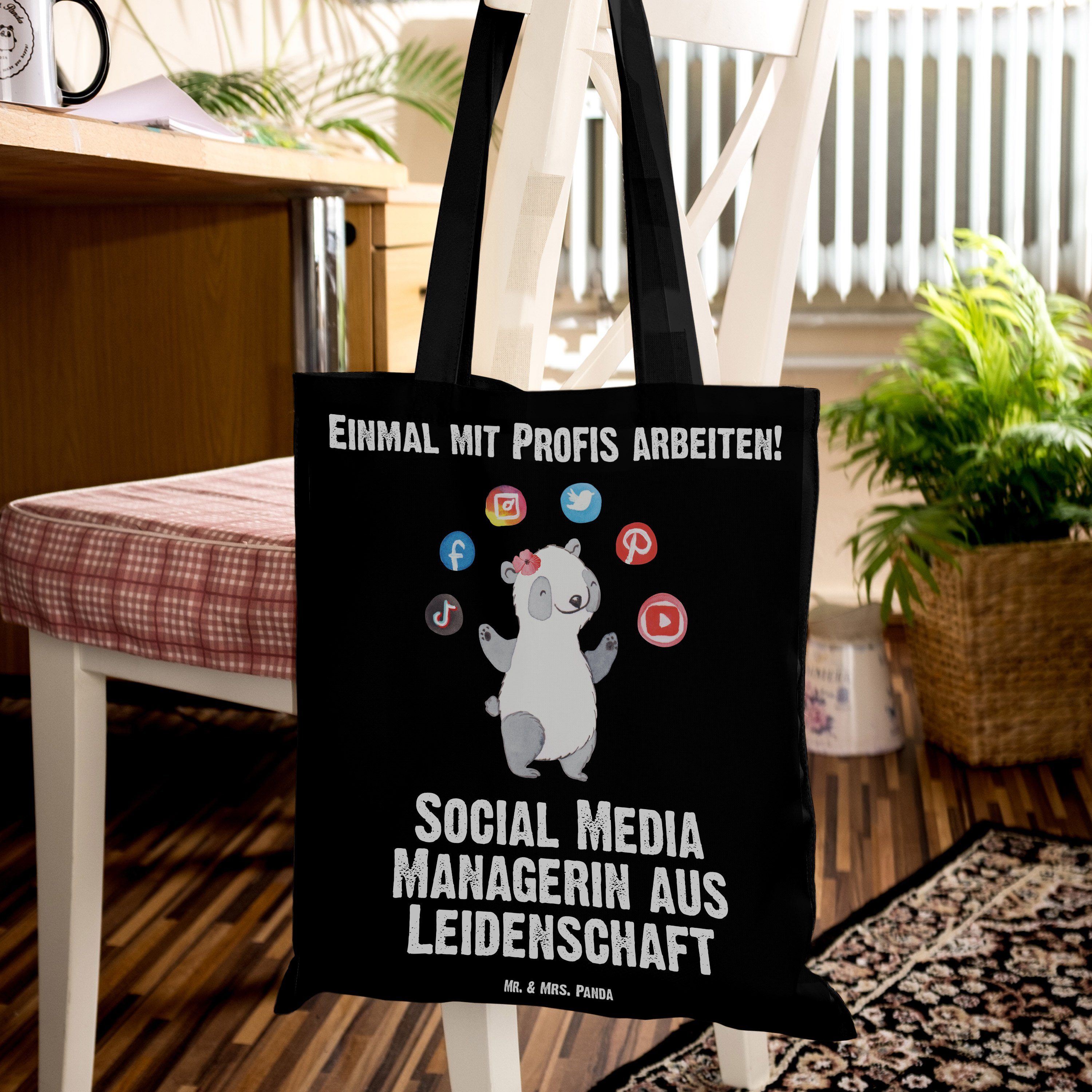 Panda Managerin & Mrs. aus (1-tlg) - Media Leidenschaft - Geschenk, Schwarz Tragetasche Mr. Arbeits Social