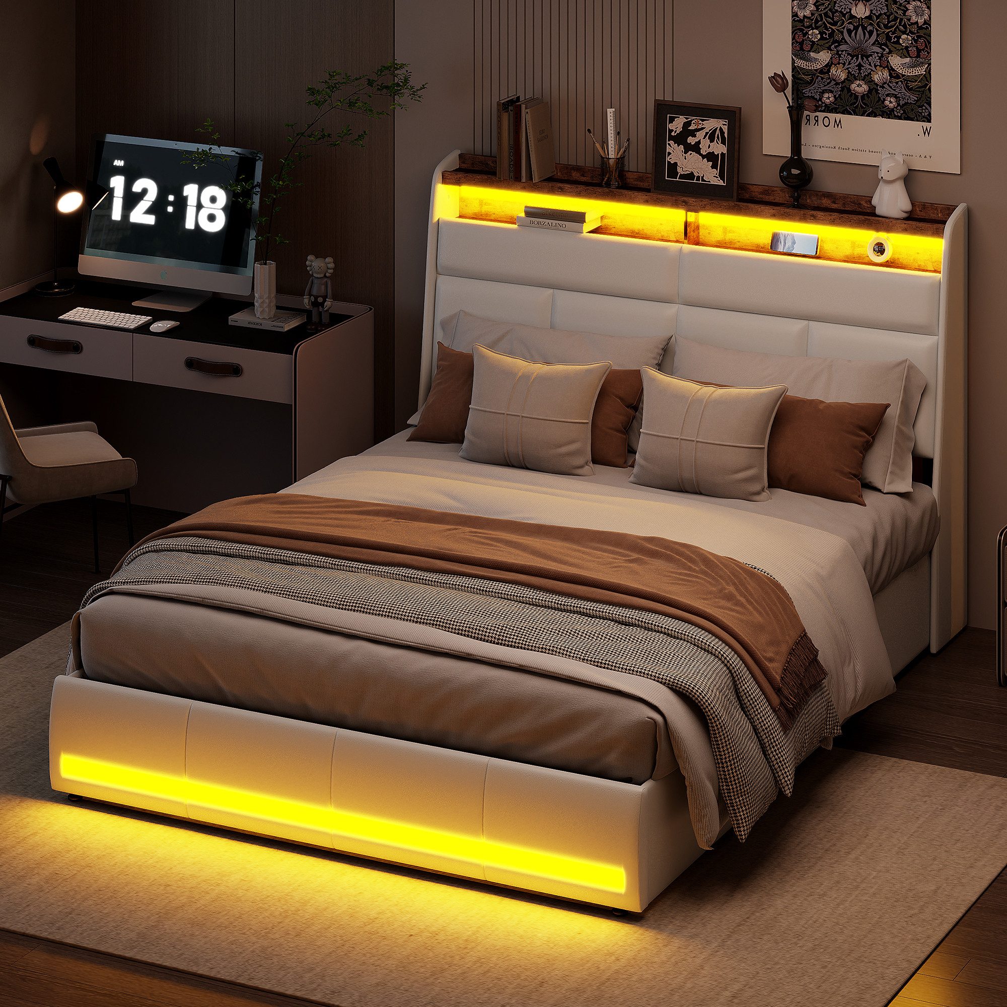Furnishings Home Polsterbett Doppelbett + Stauraum + LED-Licht + USB-Anschl günstig online kaufen