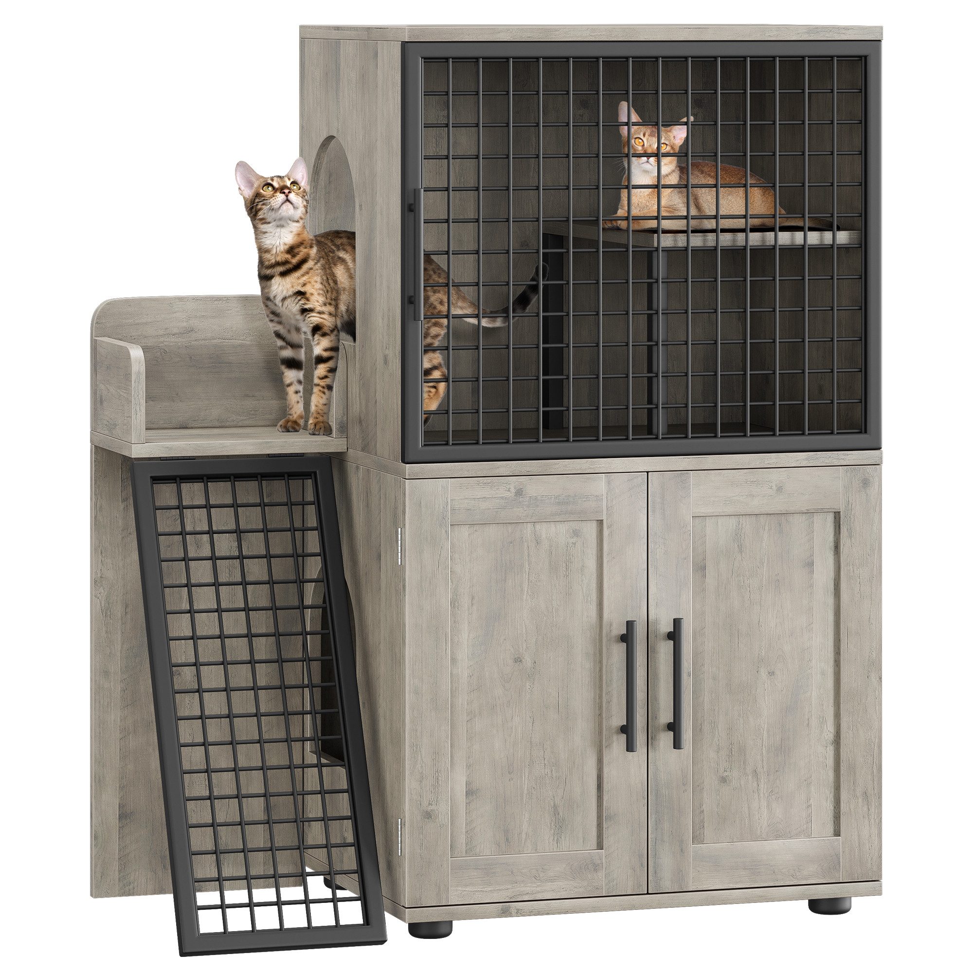 GarveeMore Katzentoilette mit Doppeltüren & Plattform,Moderner Villa-Katzenschrank mit Leiter, Doppelschichtige versteckte Katzentoilette,Katzentoilettengehäuse,Weiß