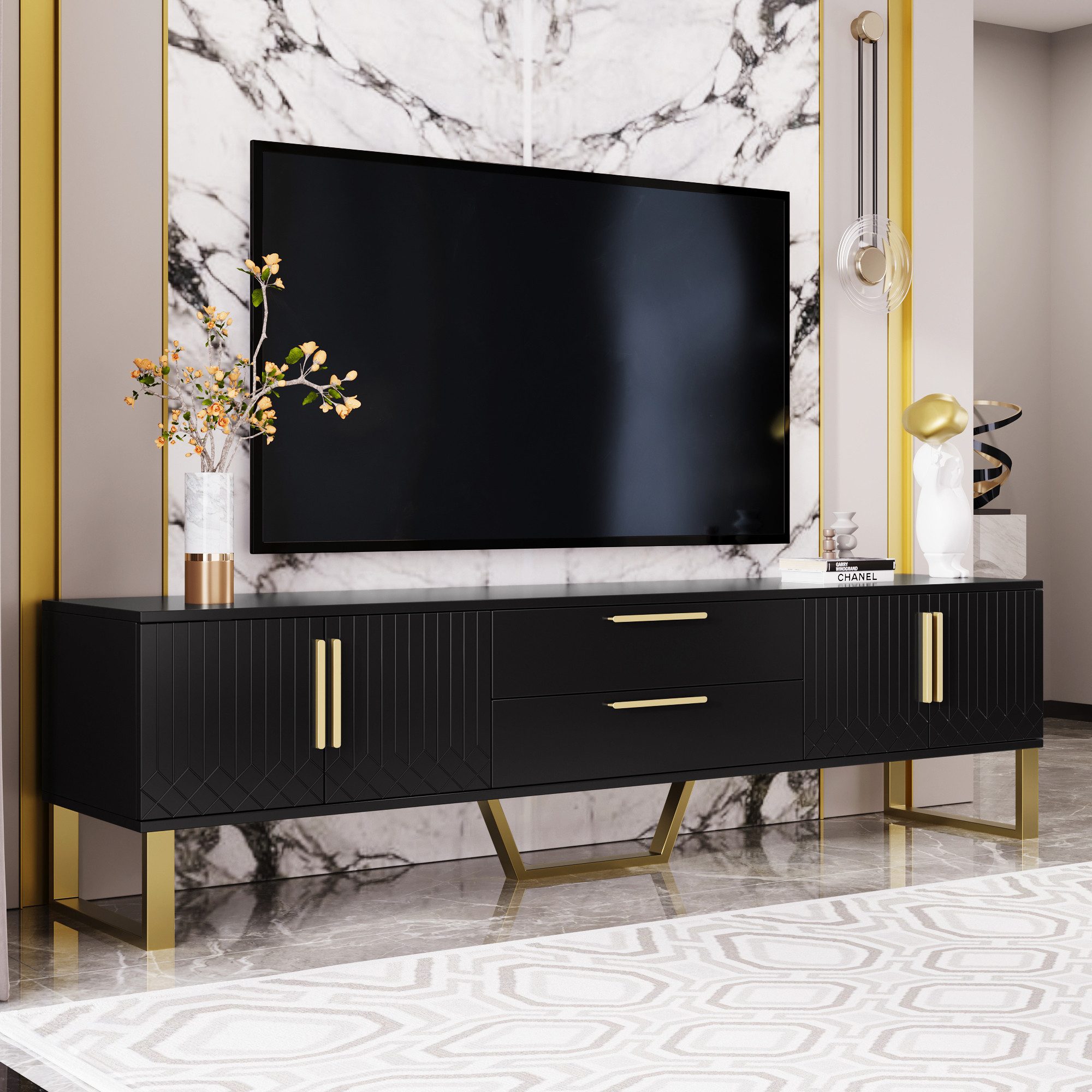 Merax Lowboard mit 2 Schubladen und 4 Türen, TV-Schrank hochglanz mit golde günstig online kaufen