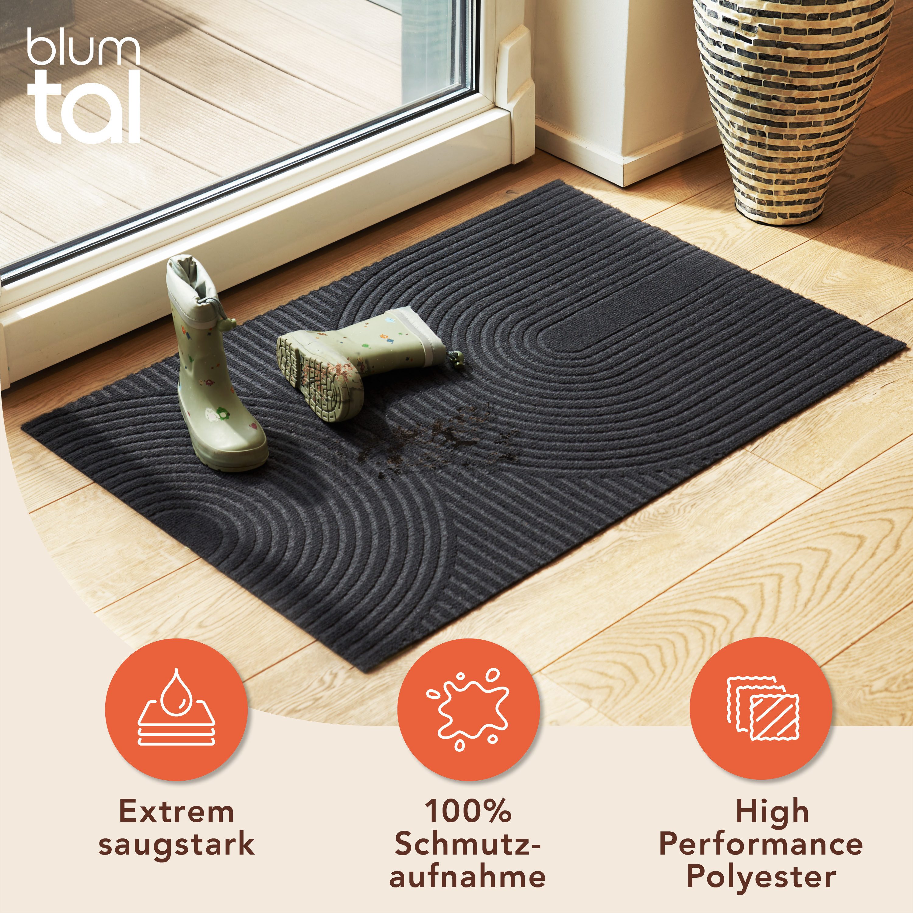 Blumtal Fußmatte rutschfeste Schmutzfangmatte aus langlebigem Polyester, Fußmatte innen/Schmutzfangmatte außen