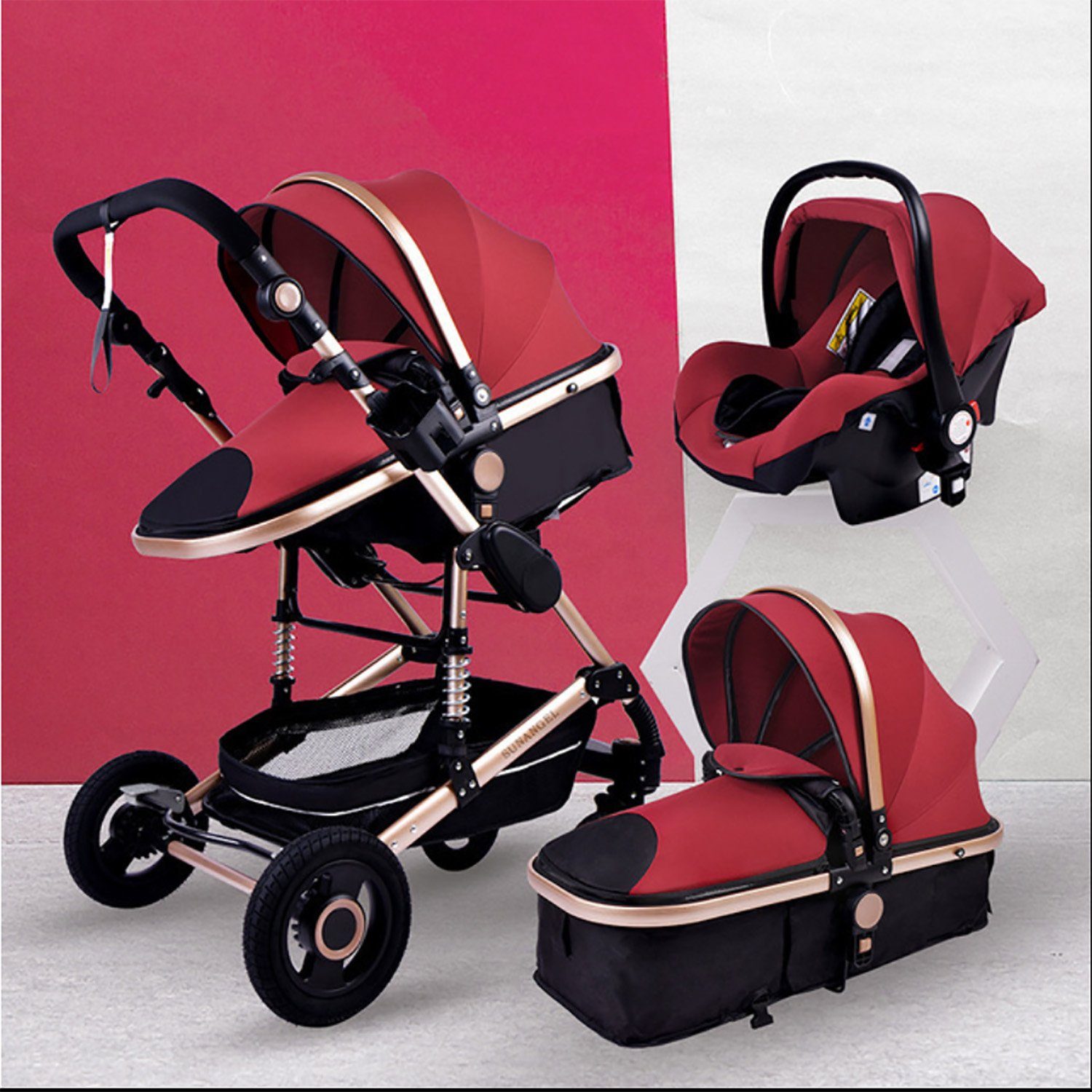 1 Getränkehalter Moskitonetz, großem 3 Kombi-Kinderwagen in Baby Zubehörset 5-Punkt-Sicherheitsgurt Kinderwagen Babyschale inkl. TPFLiving Buggy Rot Babywanne