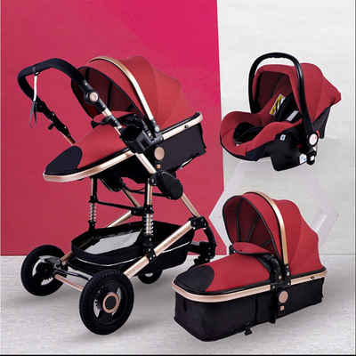 TPFLiving Kombi-Kinderwagen Babyschale Baby Buggy Babywanne 5-Punkt-Sicherheitsgurt Moskitonetz, Getränkehalter Kinderwagen 3 in 1 inkl. großem Zubehörset Rot