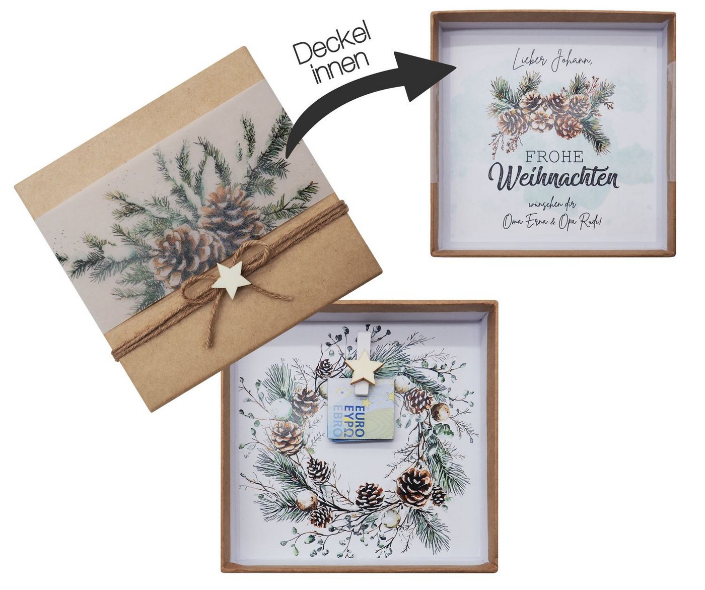 Thumbnail - ZauberDeko Geschenkbox Geldgeschenk Kraft Banderole Tannenzweig Zapfen MIT NAMEN Weihnachten