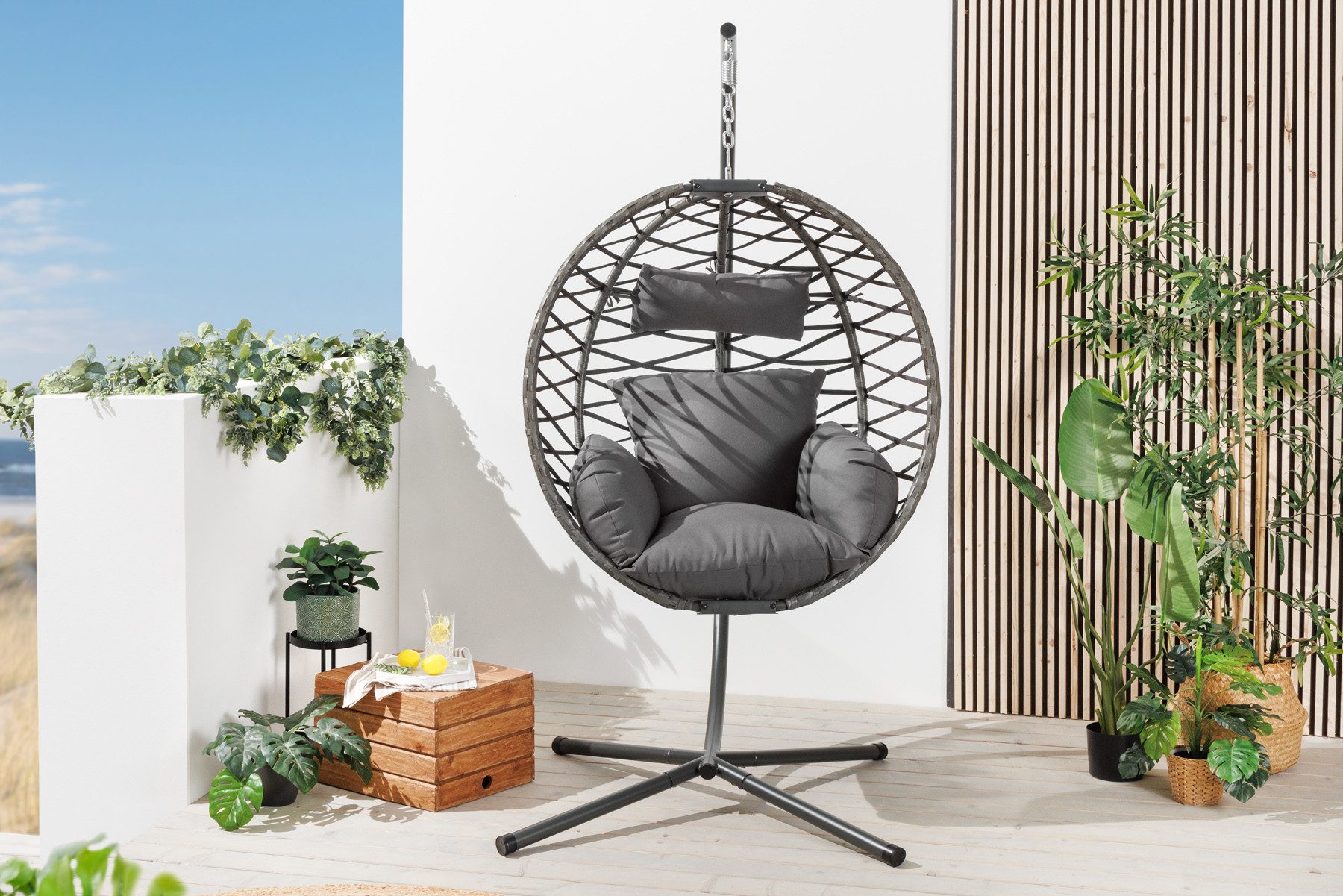 riess-ambiente Hängesessel IBIZA anthrazit (Einzelartikel, 1-St), Outdoor · Stahl · Gartenmöbel · zusammenklappbar · Polyrattan · Balkon