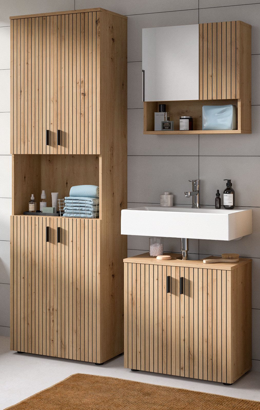 Inn.Furn Badmöbel-Set Livia, (Badezimmer in Eiche Artisan mit Rillen, 3-teilig, 135 x 192 cm), mit gefrästen Rillen, 16 Fächer
