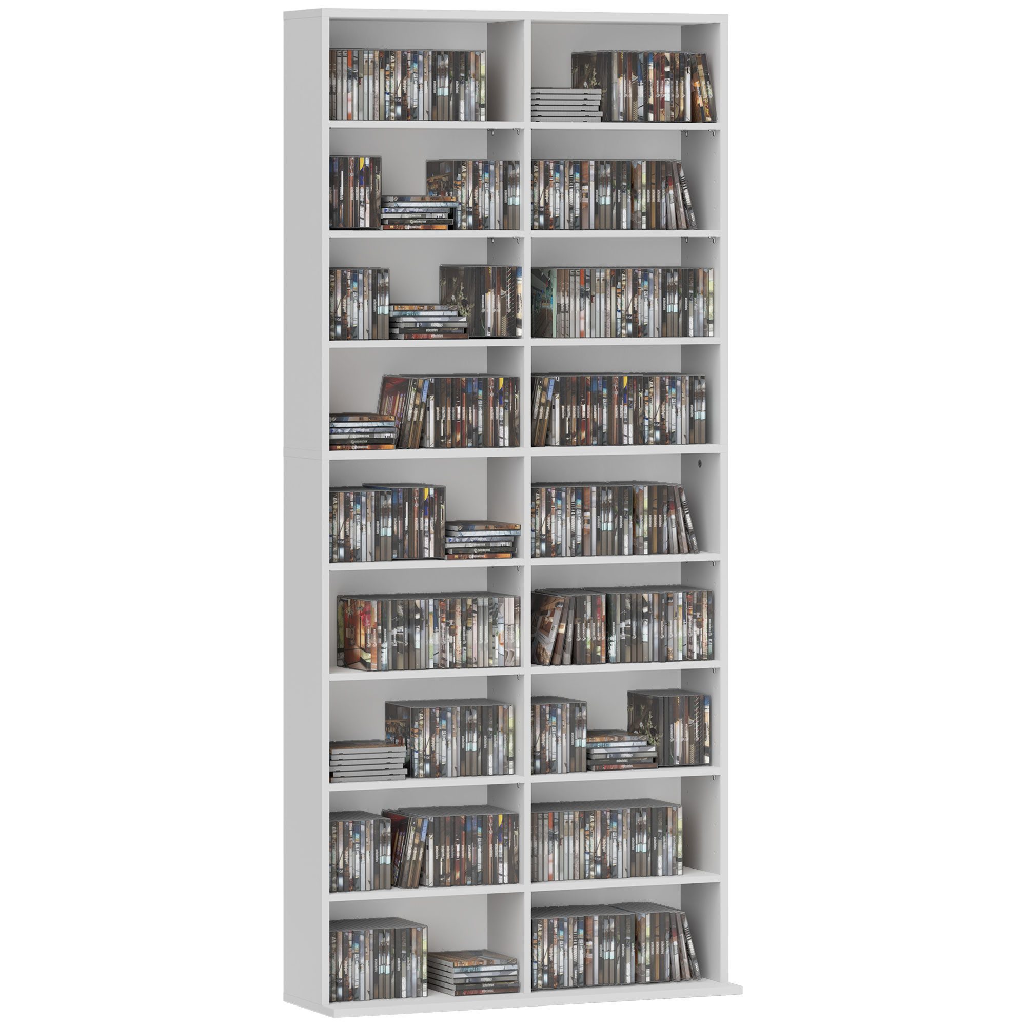 HOMCOM CD-Regal CD-Ständer mit verstellbaren Regal Bücherregal Medienregal, CD DVD Blueray Regal 1-tlg., fürs Wohnzimmer 24 x 175 cm Weiß
