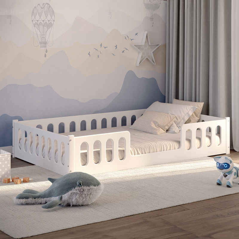 CADANI Kinderbett Monte weiss (abnehmbarer Rausfallschutz), Bodenbett, einfache Montage, integrierter Lattenrost, Montessori