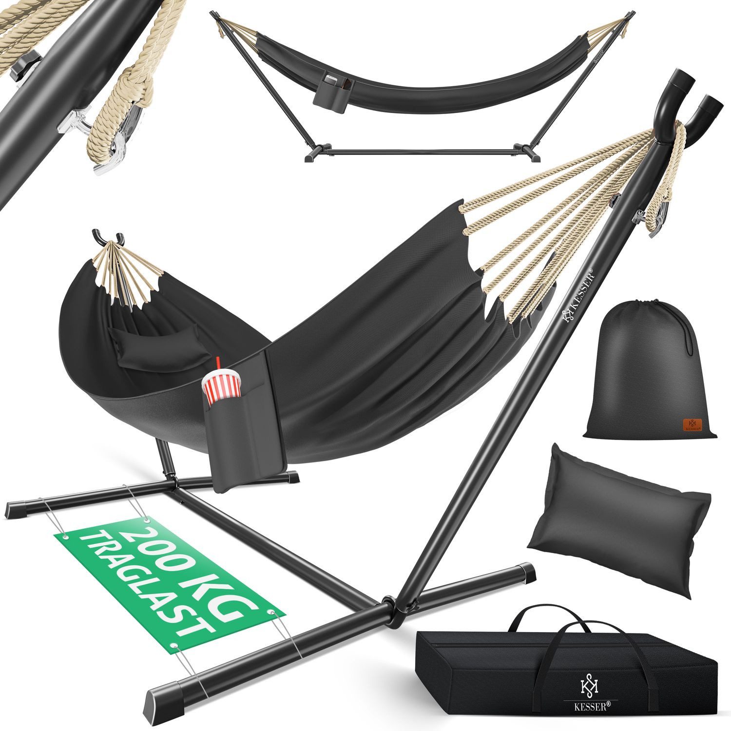 KESSER Hängematte, Hängematte LAKE mit Gestell Doppelhängematte für 2 Personen