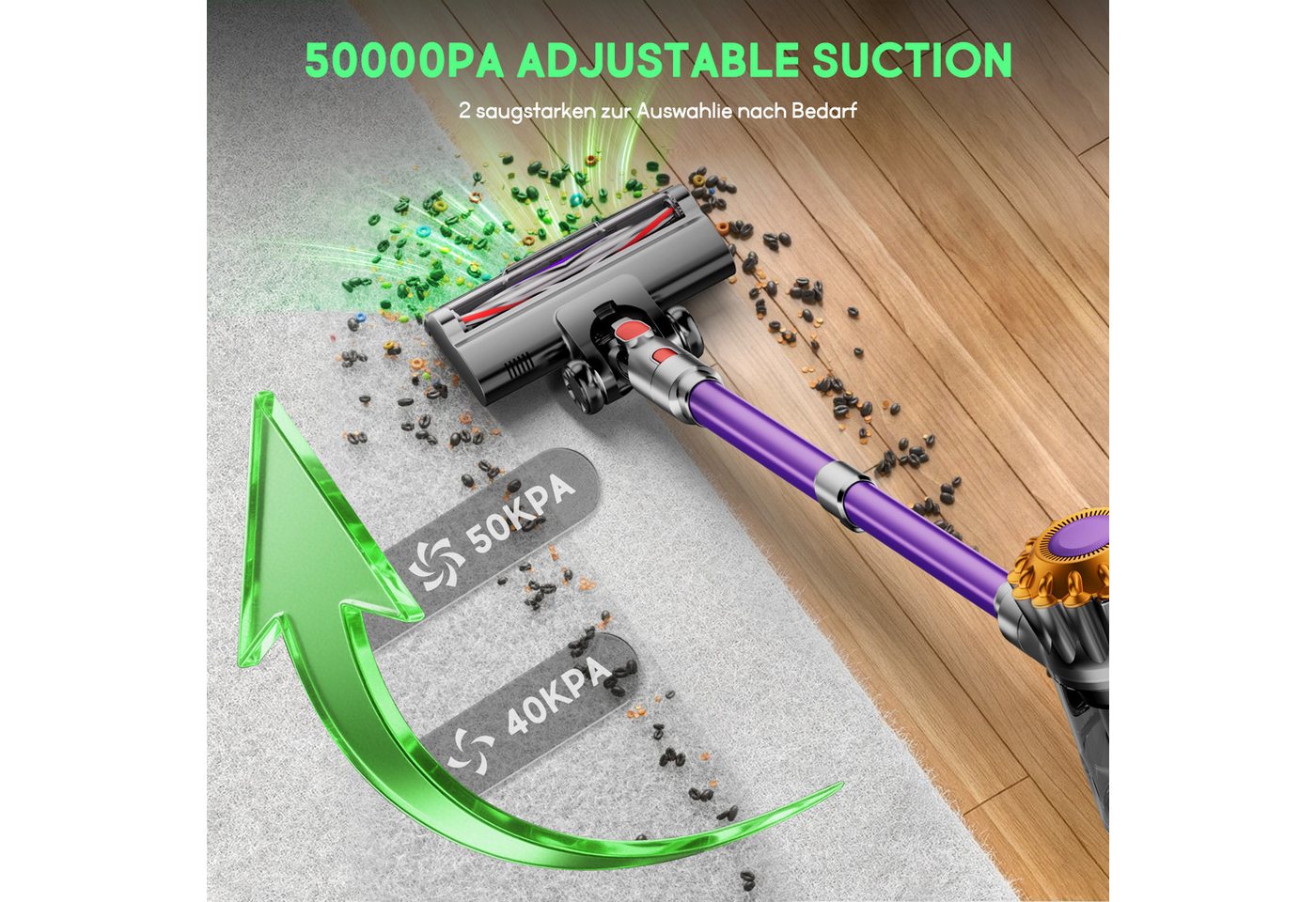 Hiazurm Akku-Hand-und Stielstaubsauger Akku Staubsauger, Staubsauger Kabellos 50000Pa/60Min/1.8L, Vielseitiger Akkusauger für Teppich, Hartboden, Tierhaare, HEPA*4, Akku-Sauger mit grünem Licht, Staubsensor und 90°-Standfunktion