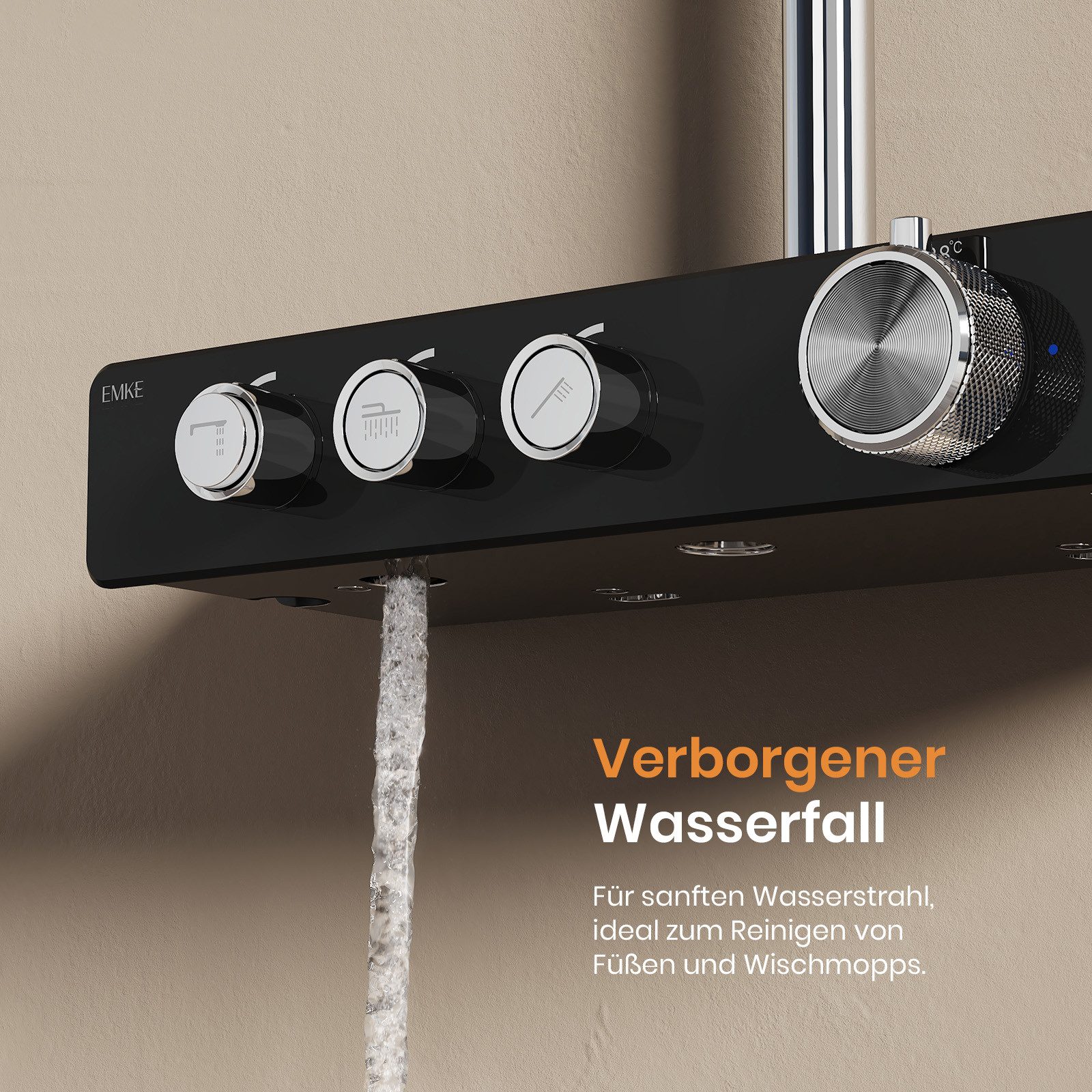 EMKE Duschsystem Thermostat Duschsystem Rund, Regendusche Set mit Duschkopf und Armatur, Höhe 131 cm, 3 Strahlart(en), Brausegarnitur Duschsäule mit 150cm Schlauch