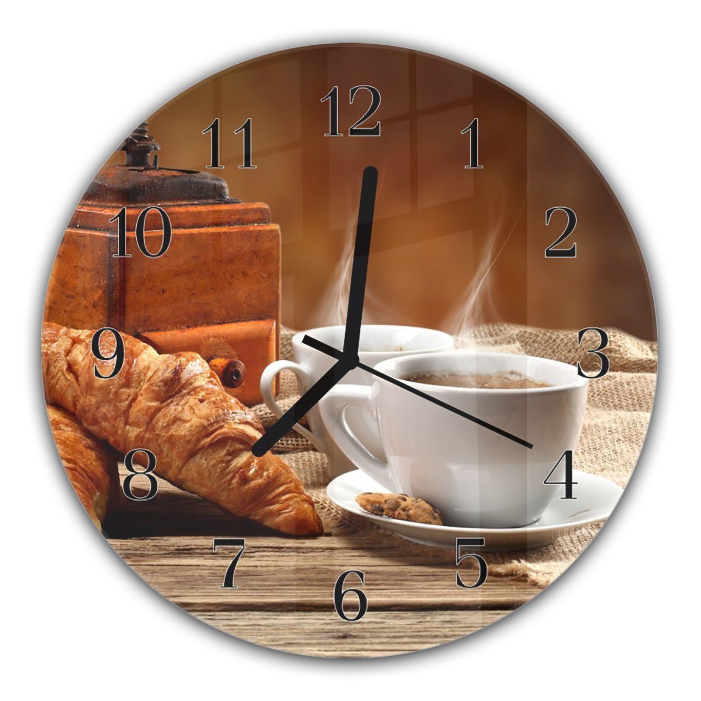 Rund aus Croissants cm und Durchmesser Wanduhr Glas mit - Kaffee Quarzuhrwerk Primedeco Motiv Wanduhr und 30 mit
