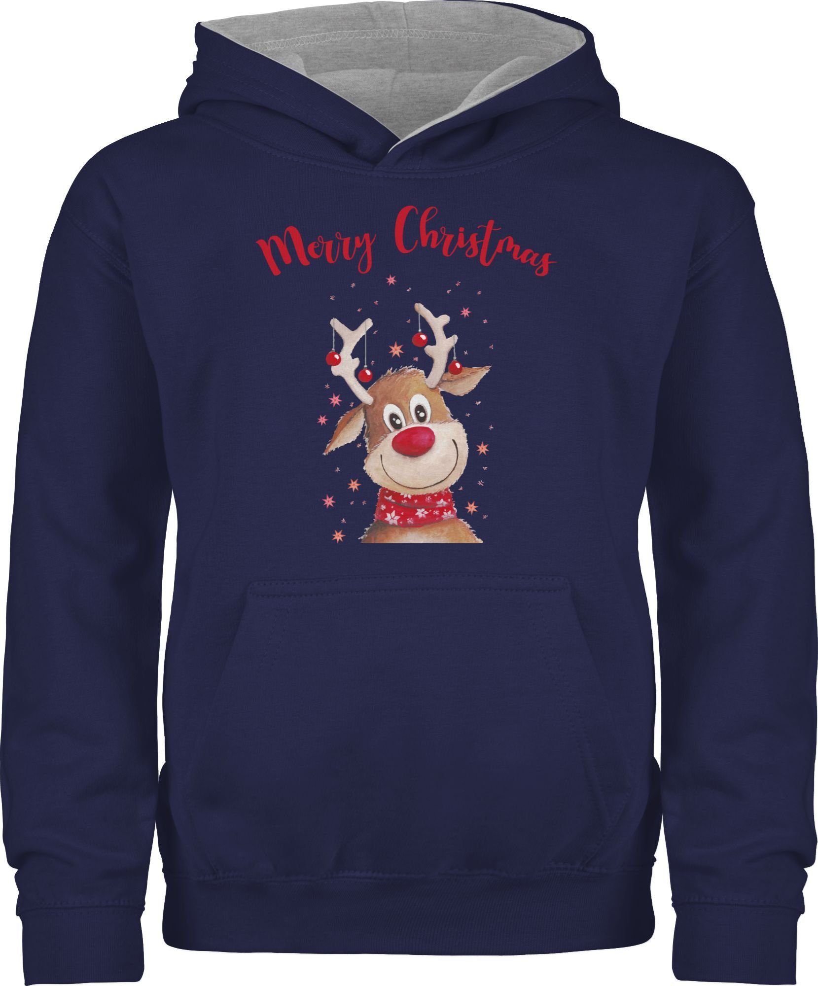 Shirtracer Hoodie Merry Christmas Rentier Weihnachten Kleidung Kinder 2 Navy Blau/Grau meliert