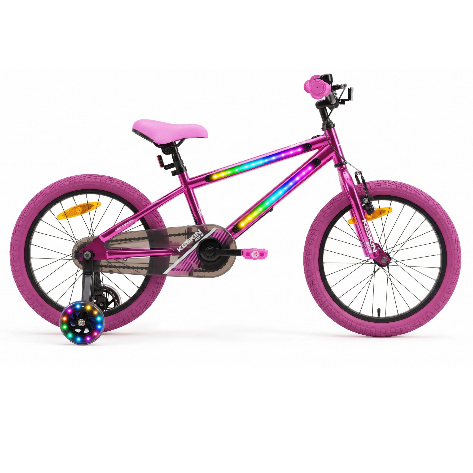 Keskin eBike Kinderfahrrad LED Bike 12/16/18 Zoll Rosa, Brillante Farben, Geschenk für Kinder, 1 Gang, 1-Gang, Rücktrittbremse, leuchtende Stützräder, ohne Schaltung