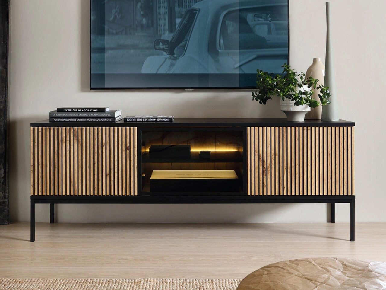 GrainGold TV-Schrank DEO mit LED, Griffloss, Push-To-Open - 154x39x56 cm - Wotan-Eiche