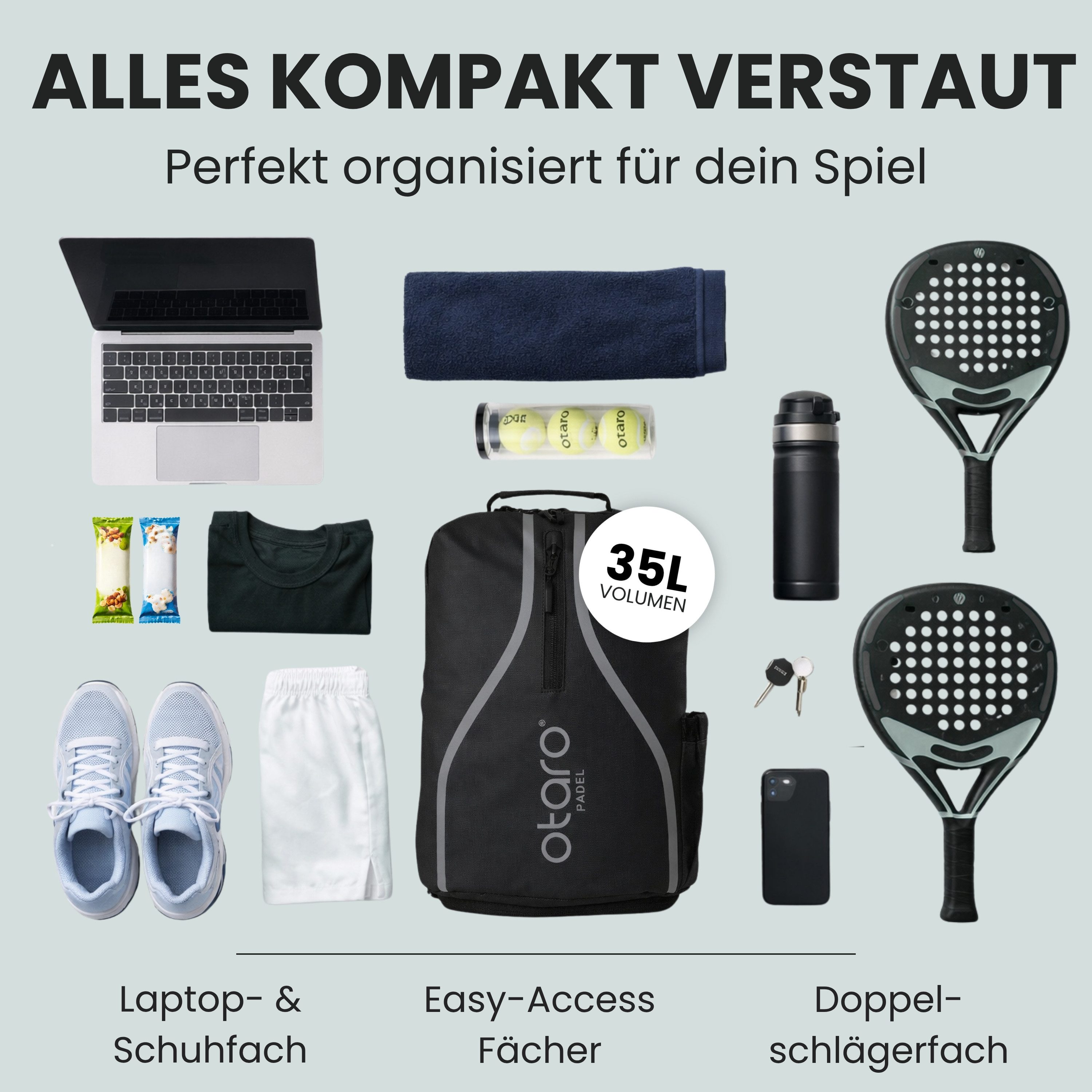 Otaro Tennisrucksack mit Schuhfach (35L), Padelrucksack für 2 Padel Schläger, Padeltasche (Perfekt durchdacht für Padel-Ausrüstung, mit Schlägerfach, Schuhfach, Laptopfach & Getränkehalter), wasserabweisender Padel Rucksack für Herren & Damen