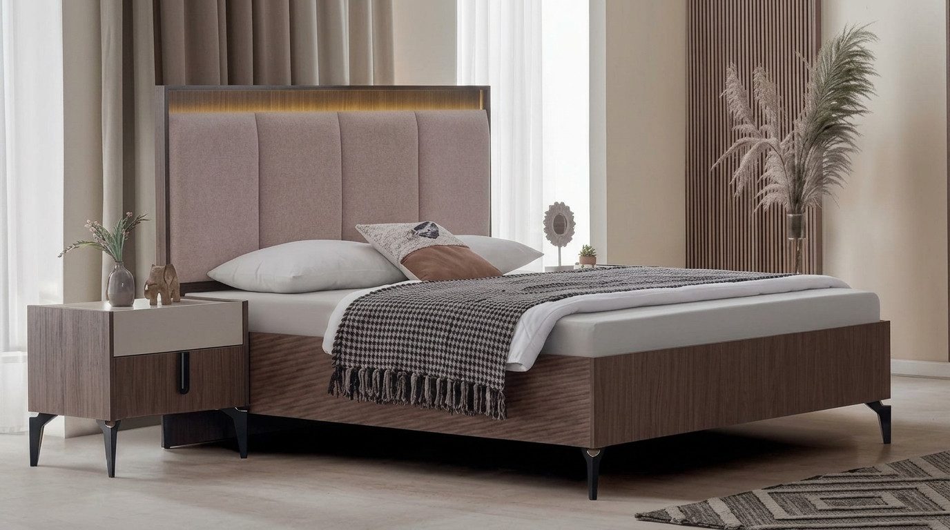JVmoebel Bettanlage Braune Schlafzimmer Garnitur Edles Textilbett 2x Nachtkonsolen 3tlg, (3-tlg), Made in Europa