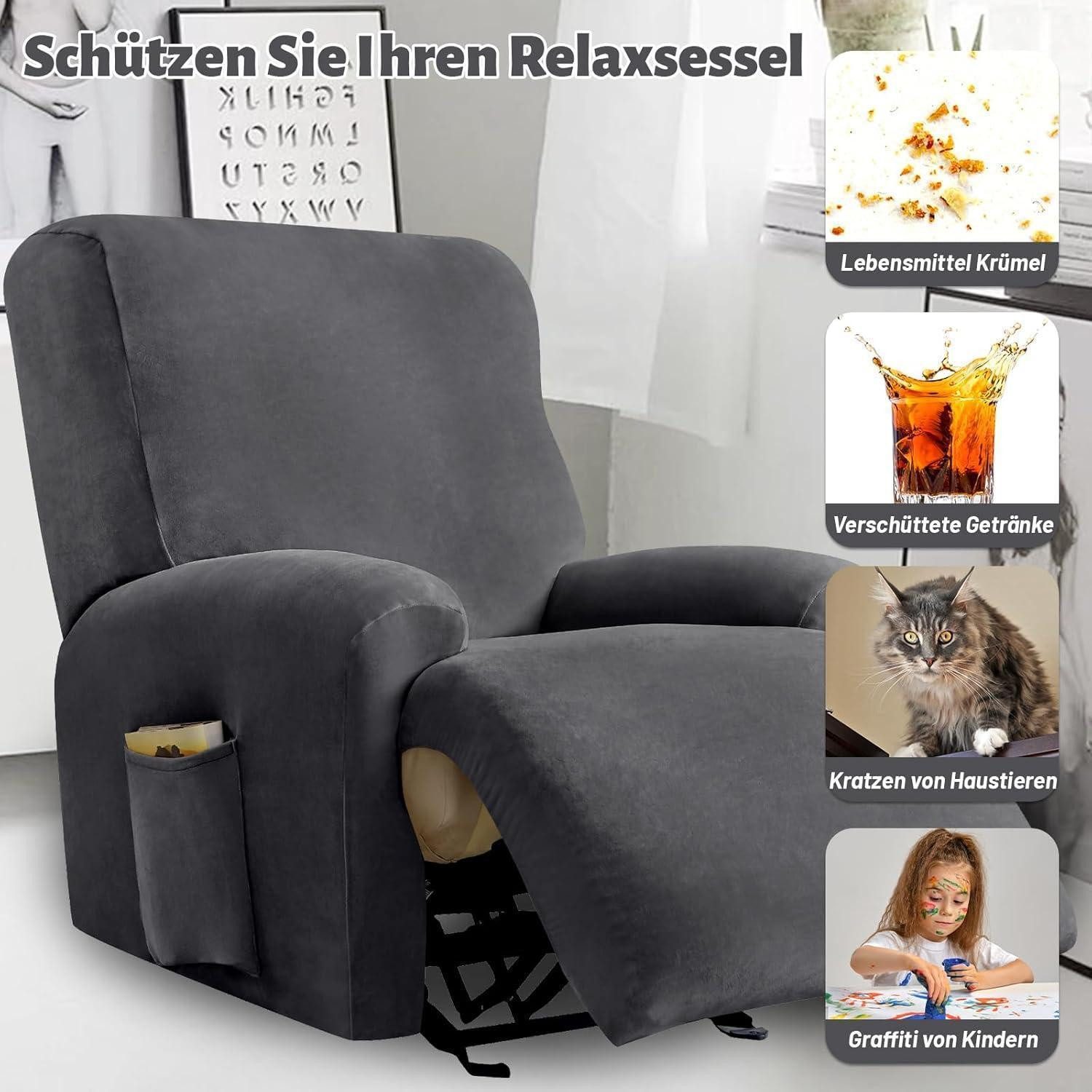 LuxusKollektion Relaxsesselhusse Sesselbezug Stretchhusse Relaxsessel Samt Kissenbezug Grau 1 Sitzer – Bild 3 von 5