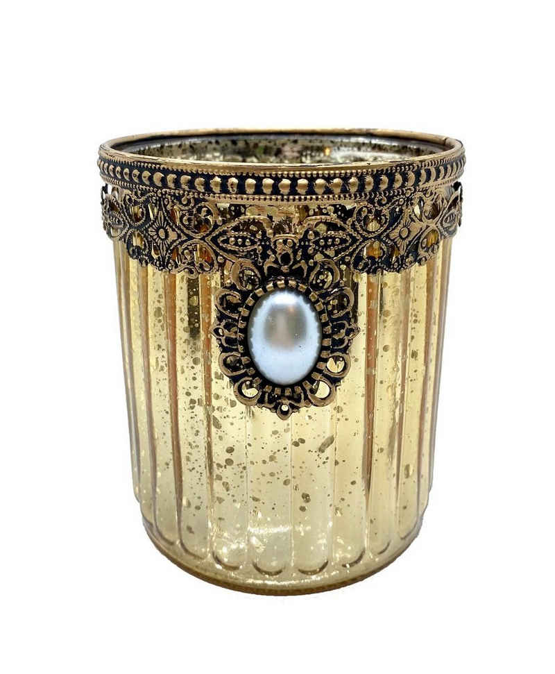 Parts4Living Windlicht Glas Kerzenhalter Teelichtglas mit goldenem Metallrand und Emblem mit Perlenimitat gold 8x9,5 cm, im eleganten Vintage Stil