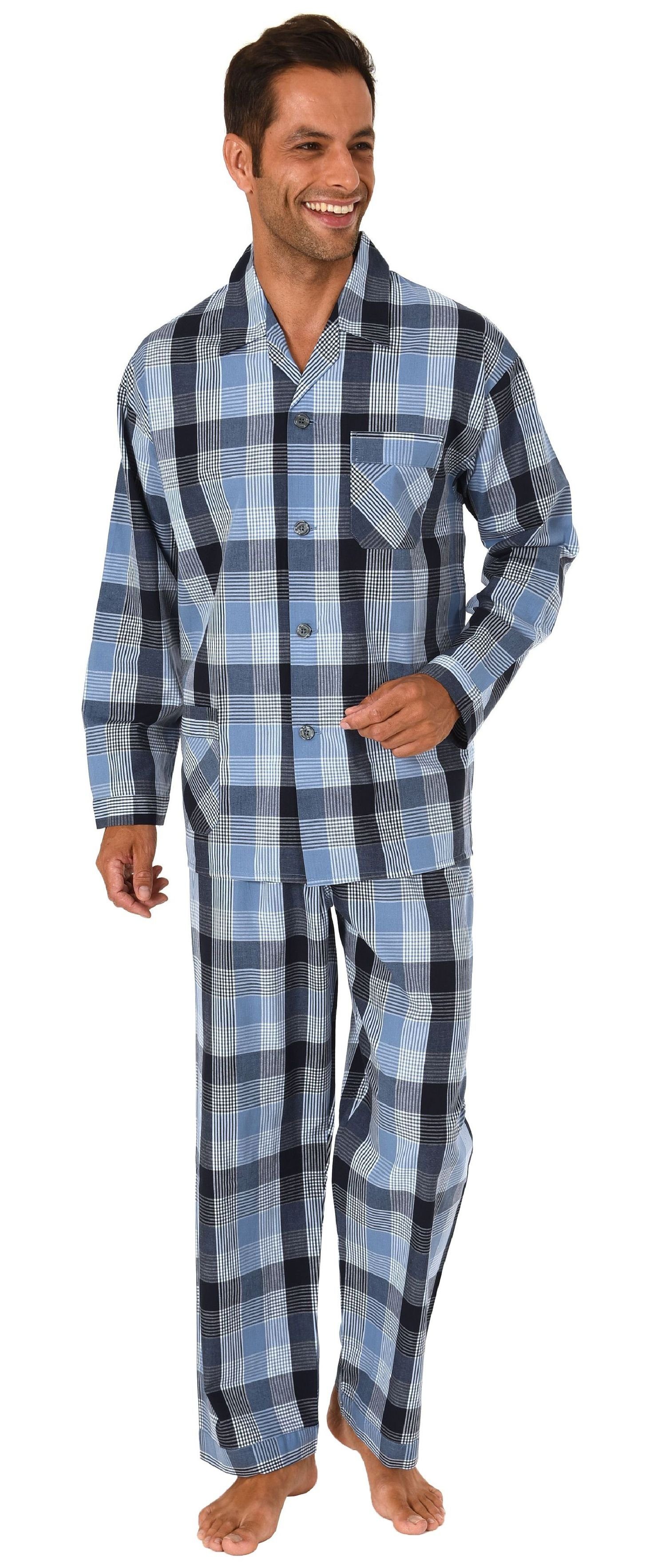 Pyjama Gewebter Herren Pyjama, durchknöpfbarer Schlafanzug mit Streifen