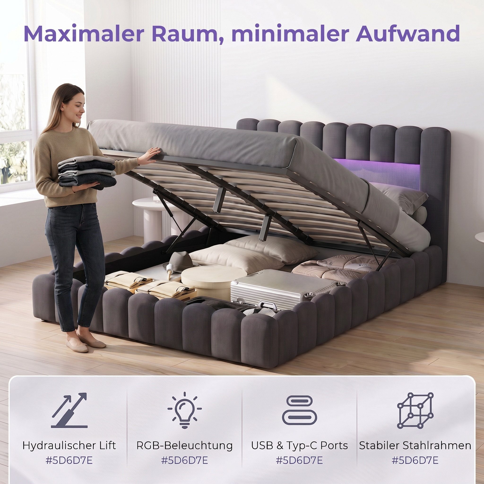 Gdood Polsterbett Stauraumbett Doppelbett LED (Type-C + USB, Hydraulisch hebbarer Stauraum), Mit Bettkasten, LED-Beleuchtung, USB-Anschluss, 140x200 cm