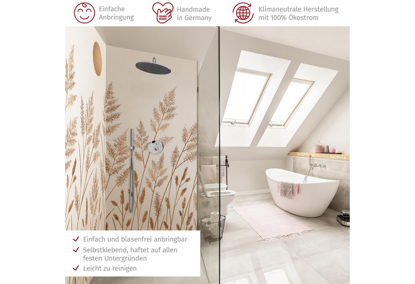 Thumbnail - Bilderdepot24 Badrückwand Gräser gold Duschrückwand ohne Bohren Tropisch Landhaus, (2-tlg., Hart-Folie Premium matt 0,61...