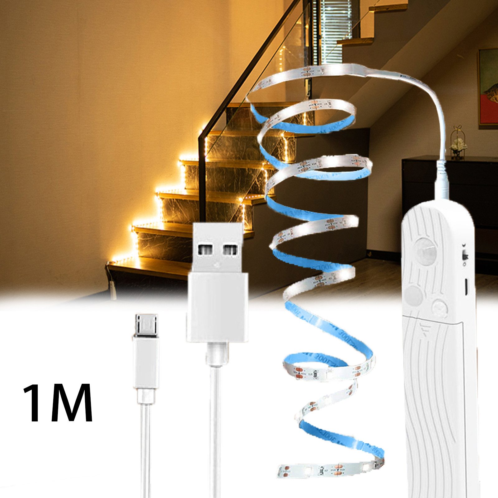 LED Stripe Lichtstreifen Bewegungsmelder, USB-/Batteriebetrieben Streifen, 2 Modus