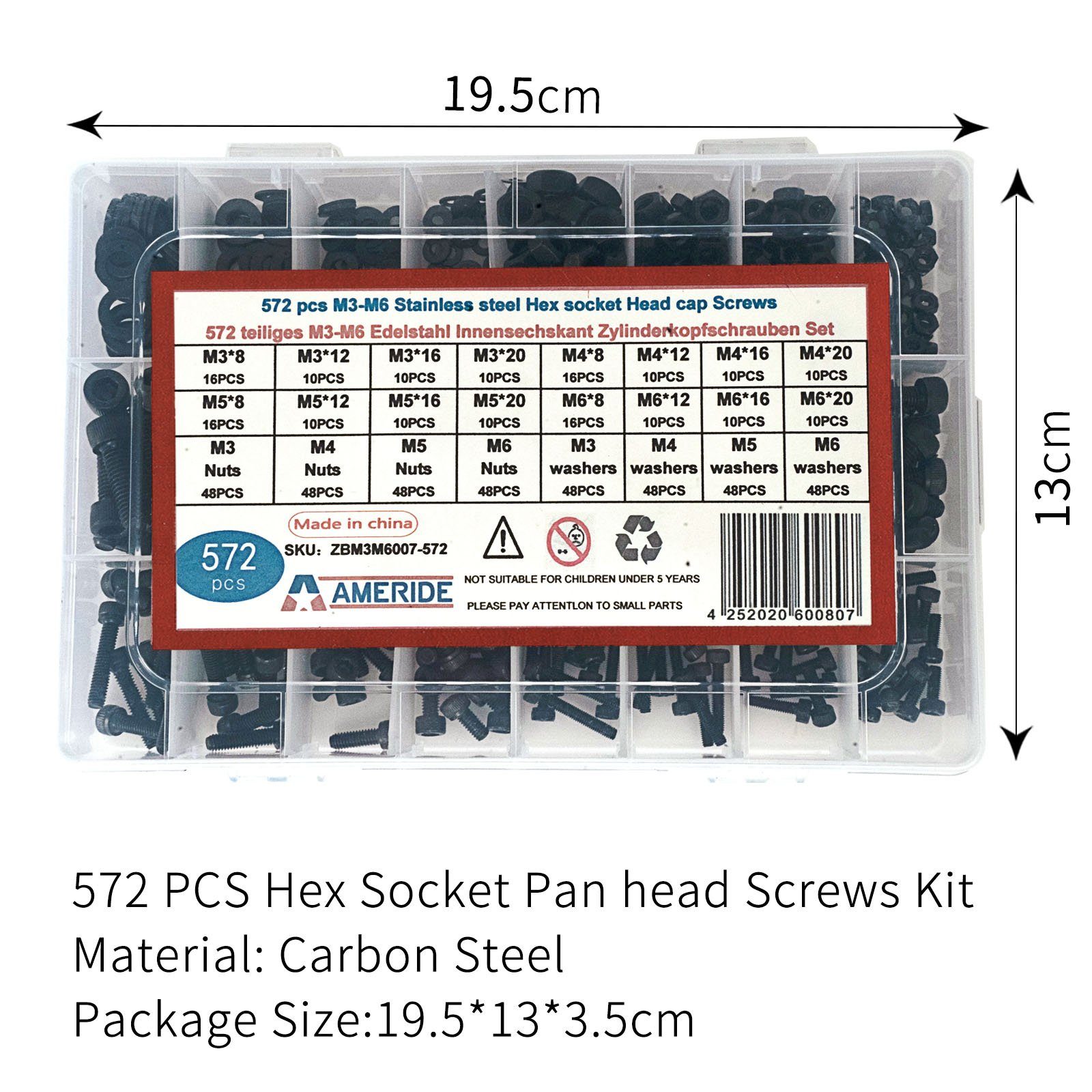 Natsen Schrauben-Set, (572 St), 572pcs Innensechskant Zylinderschrauben M3 M4 M5 M6 Kohlenstoffstahl Schrauben Muttern Sortiment Set, Schwarz