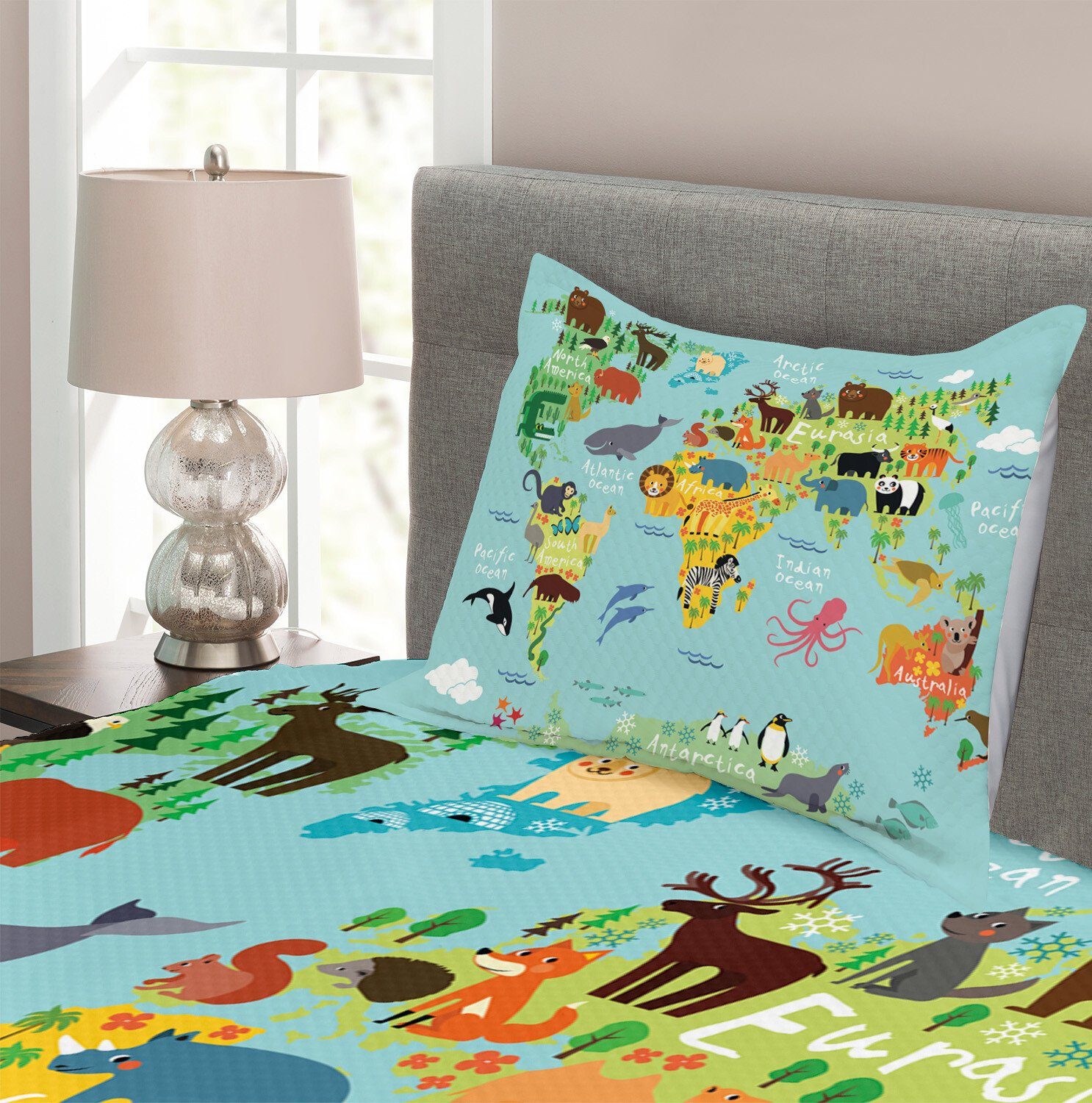 Welt Weltkarte der Karte Kissenbezügen Tagesdecke Waschbar, mit Set Abakuhaus, Tier