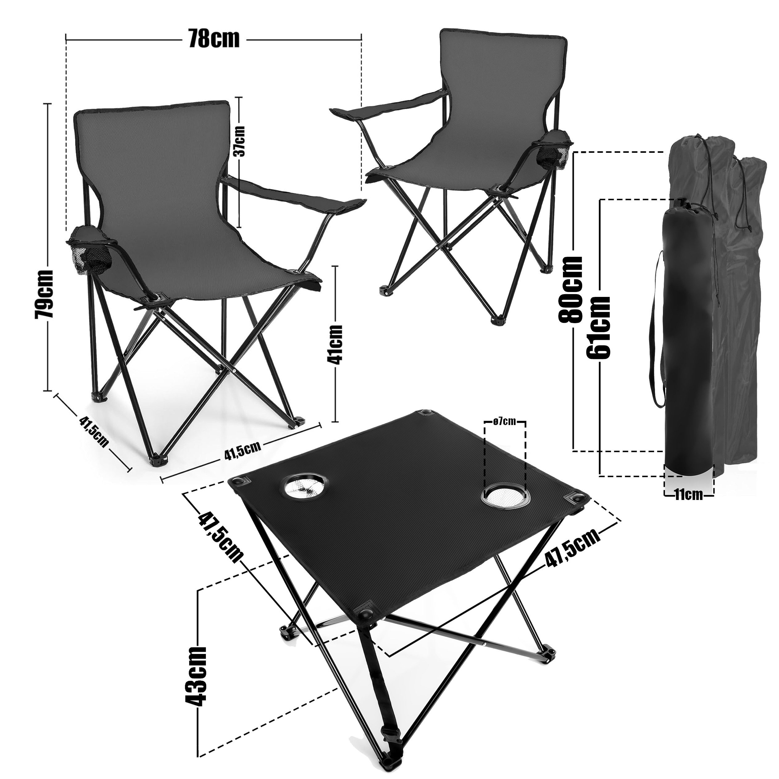 BigDean Campingstuhl mit Stühlen dunkelgrau - Camping Tisch Stuhl Set Camping Stühle (Set, 1 St), Outdoor, Festival, Angeln, Pflegeleicht
