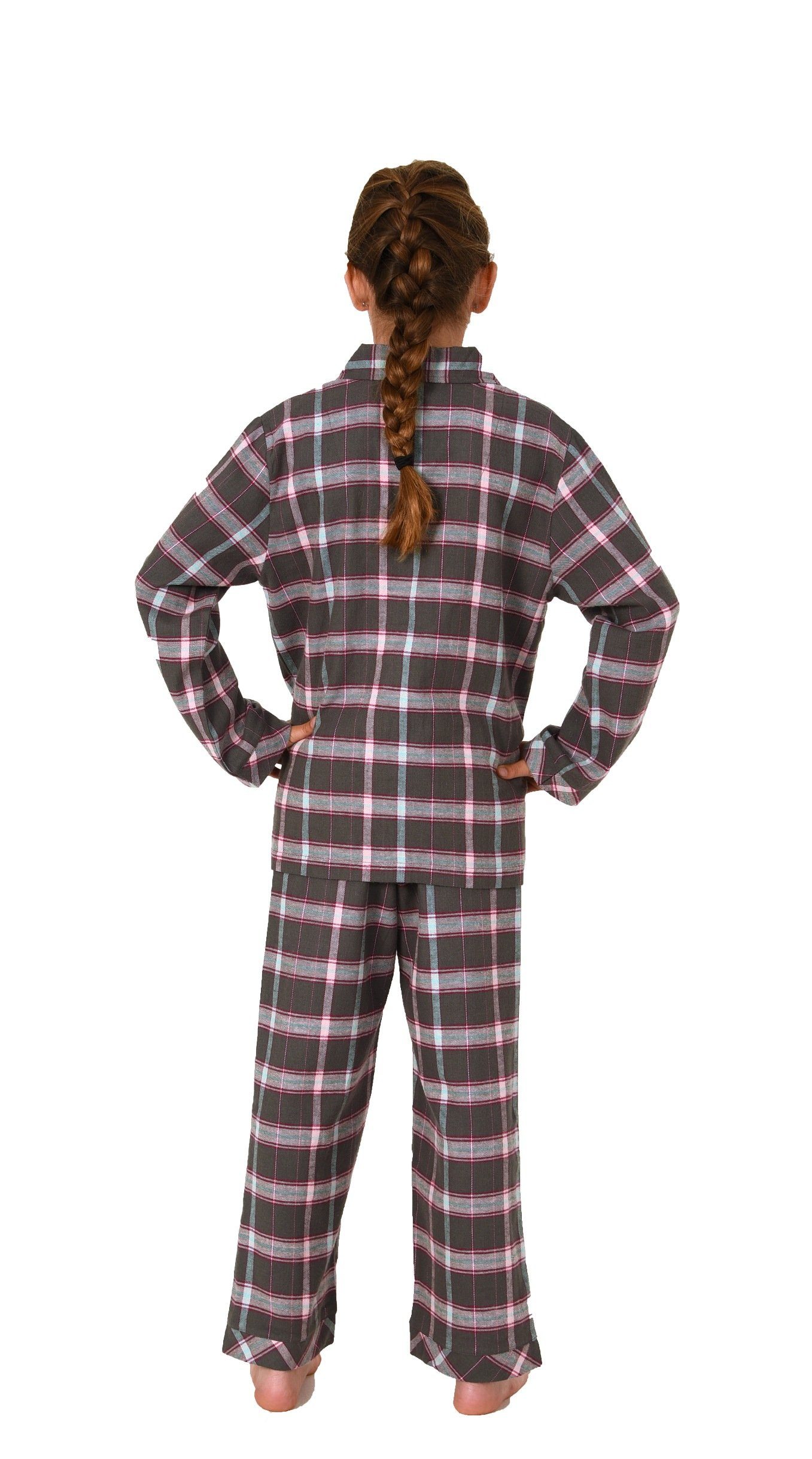 Flanell Mädchen langarm Normann Karo mit Optik Knopfleiste Pyjama in Schlafanzug