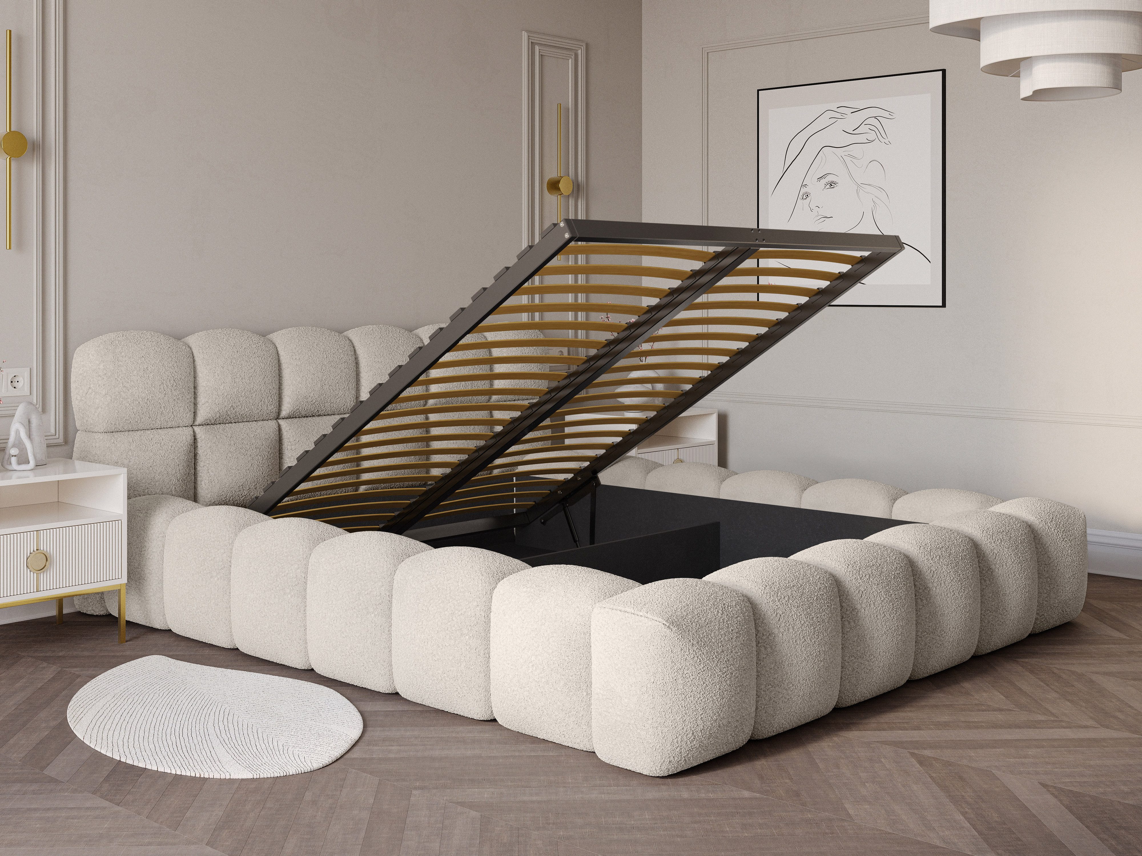 wonello Polsterbett Mira (das Original), Bett mit Bettkasten und Lattenrost – eleganter Boucle-Stoff