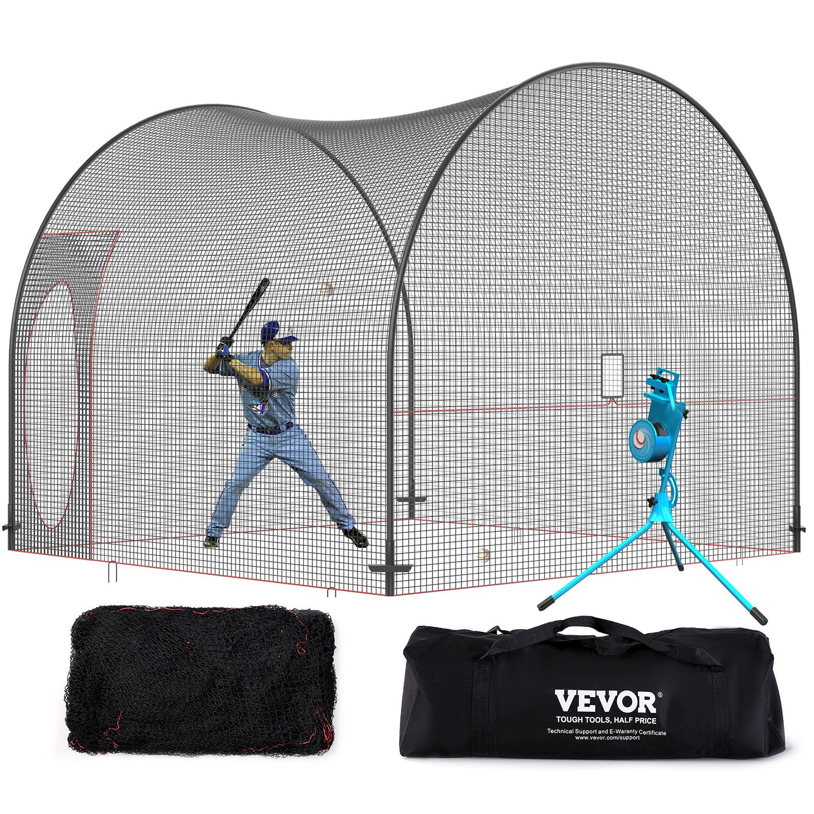 VEVOR Schutznetz 3,6 x 3,6 x 3 m, zum Schlagen und Aufstellen, Baseballnetz Schlagkäfig