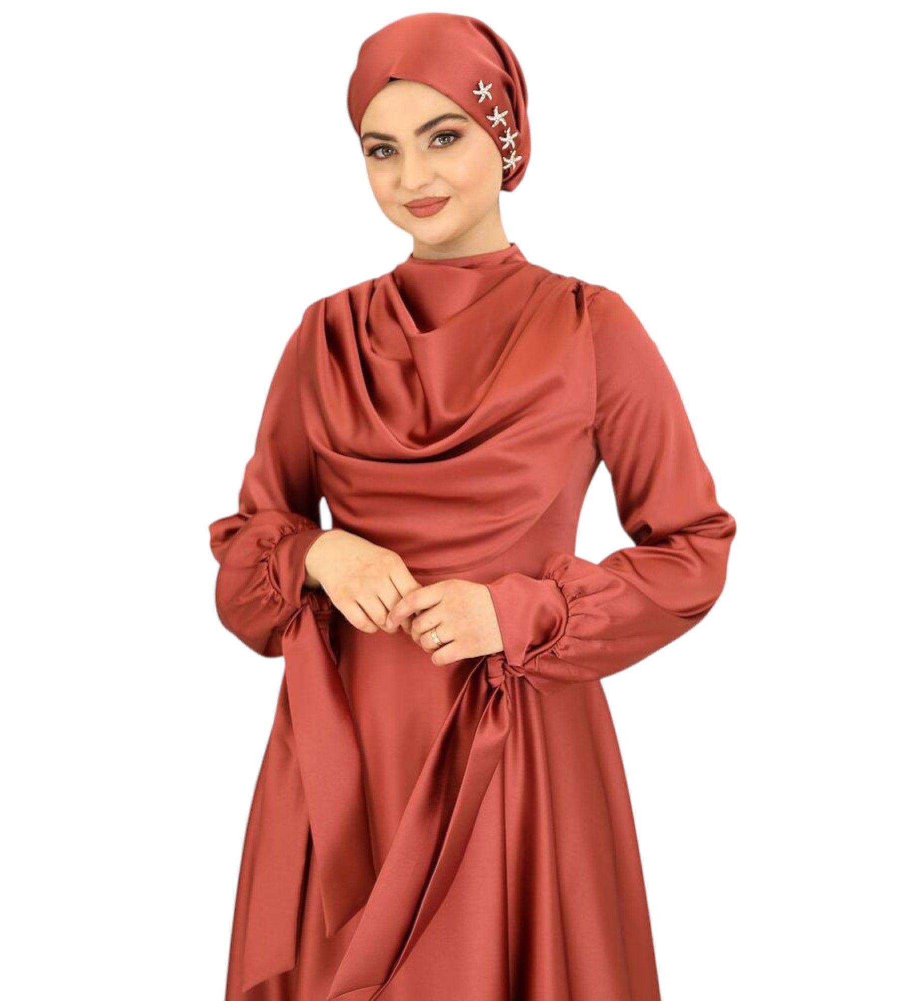 fashionshowcase Abendkleid Damen Maxikleid Satinkleid langarm Modest Fashion